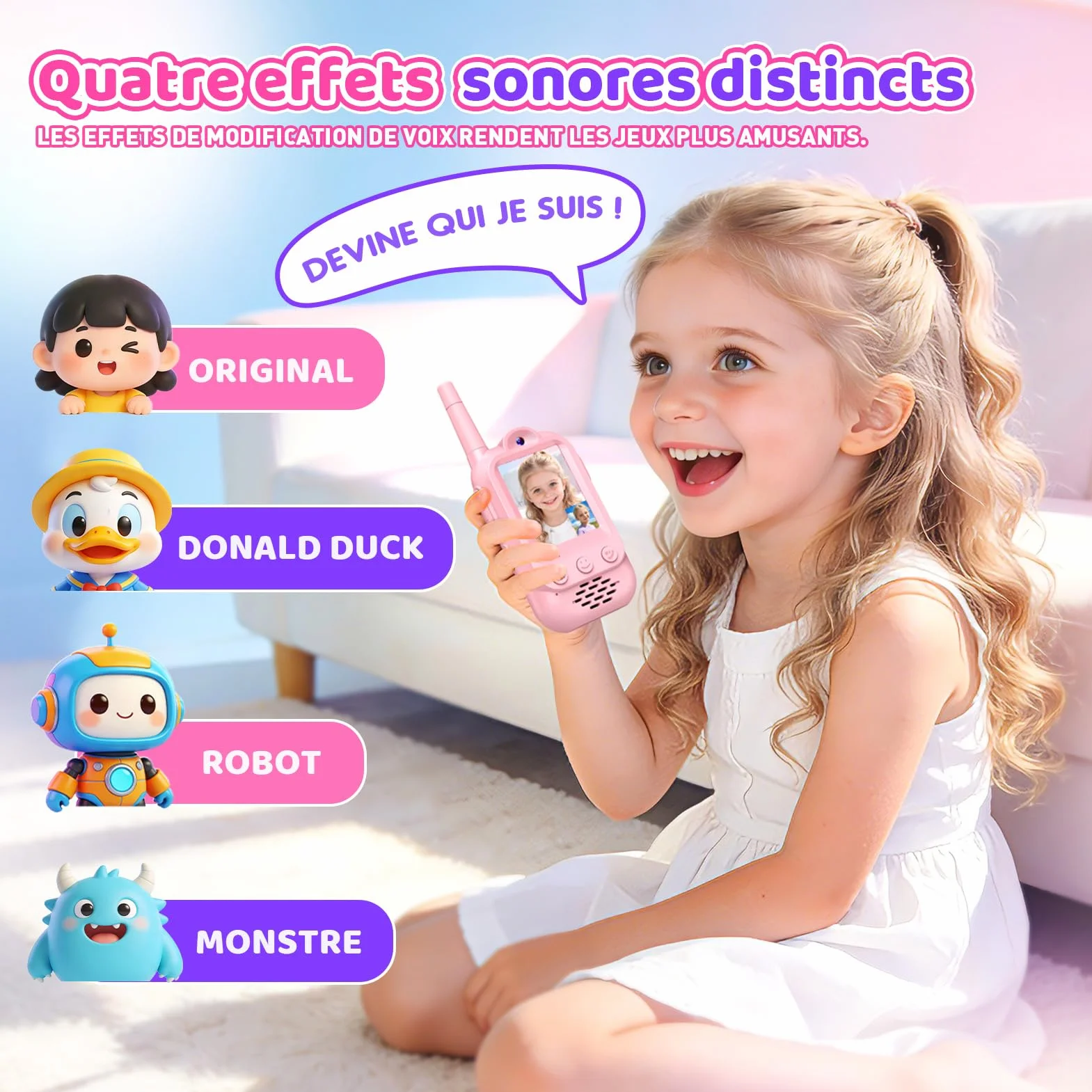 iKidiki Talkie Walkie Enfants Rechargeable, Cadeau Fille 3-8 Ans Video Jouet