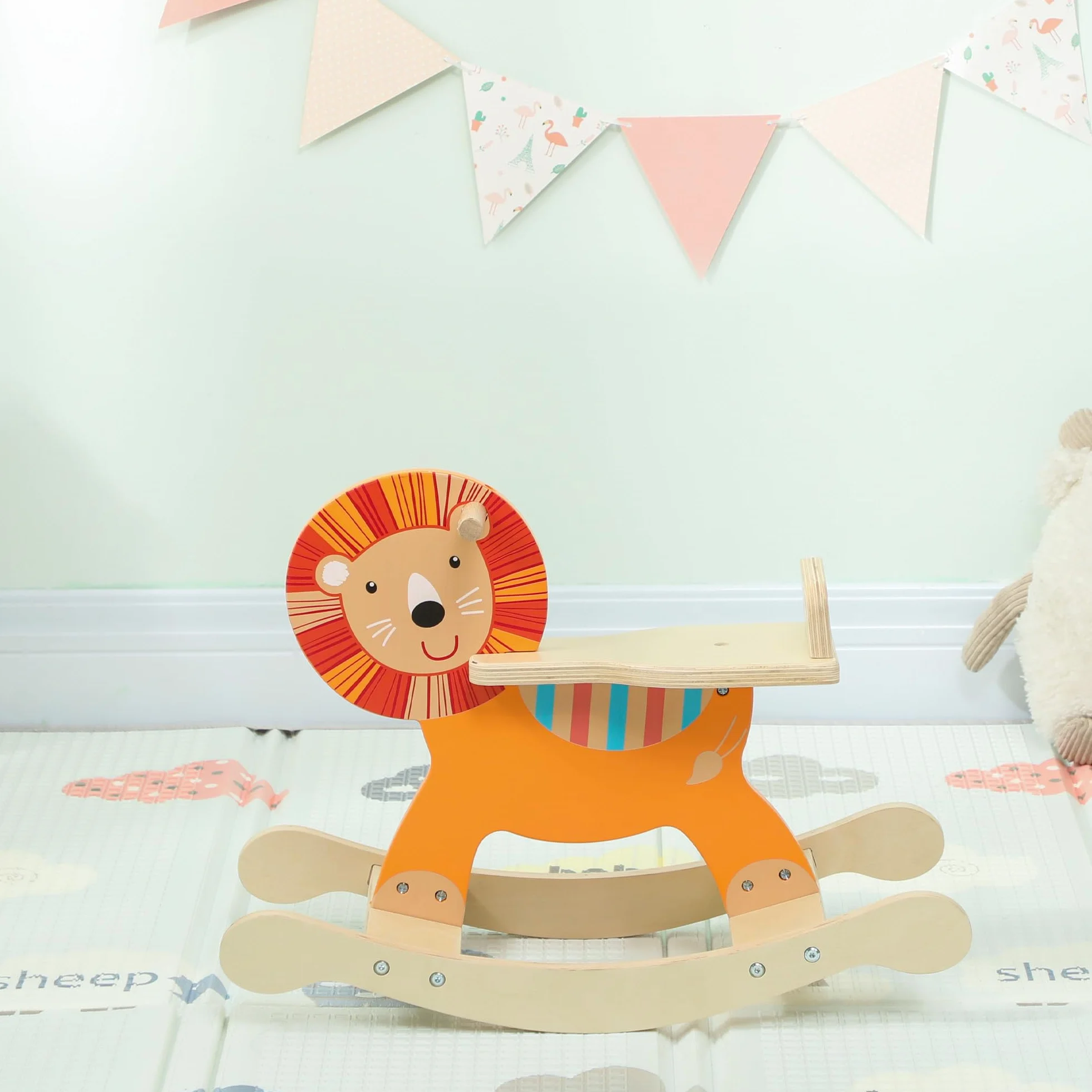 AIYAPLAY Cheval à Bascule en Bois pour Enfants 2-5 Ans, Jouet à Bascule Lion avec Guidon, Orange