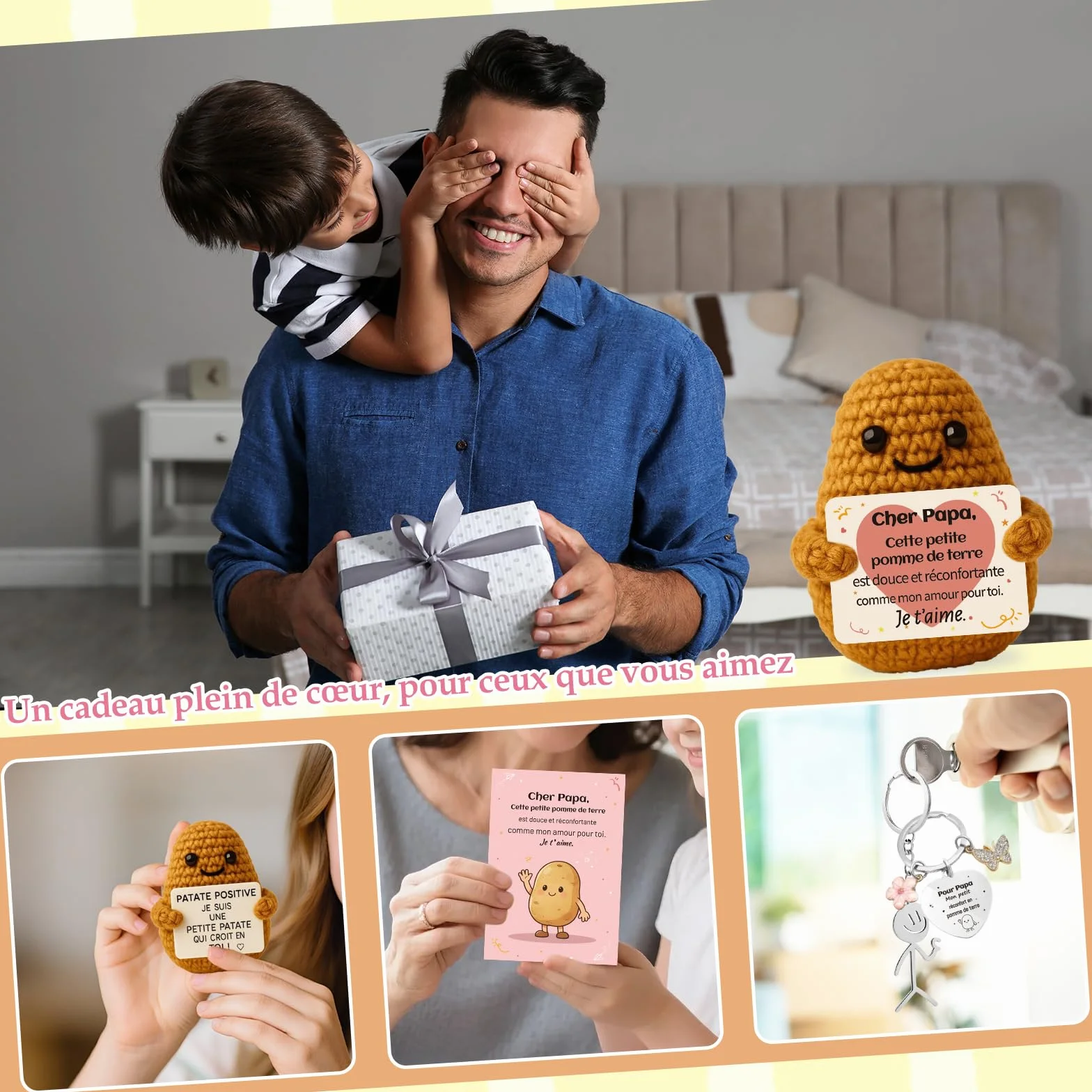 Peluche Patate Tricotée avec Carte et Porte-Clés, Cadeau Papa Anniversaire Fête des Pères Noël