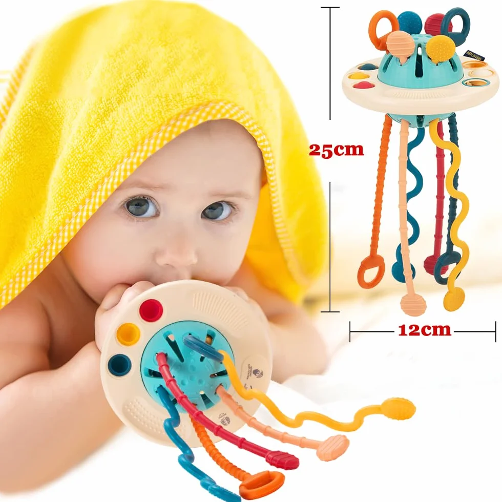Jouets Montessori Bébés 6-12-18 Mois, Jouet Bebe 1 an, Jeux Motricité Multisensorielle Corde à Tirer Silicone
