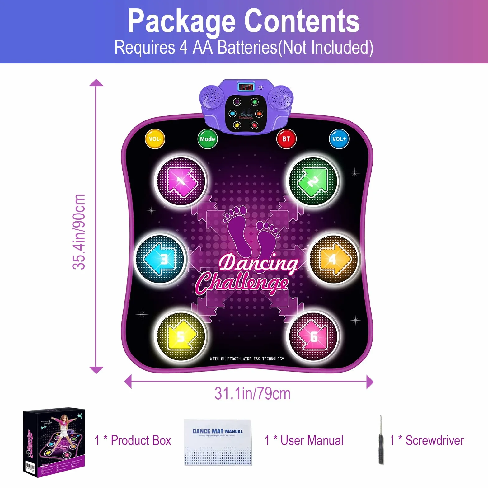 Tapis de Danse Enfants Filles Bluetooth LED Lumière Musique avec 6 Flèches Volume Réglable Cadeau