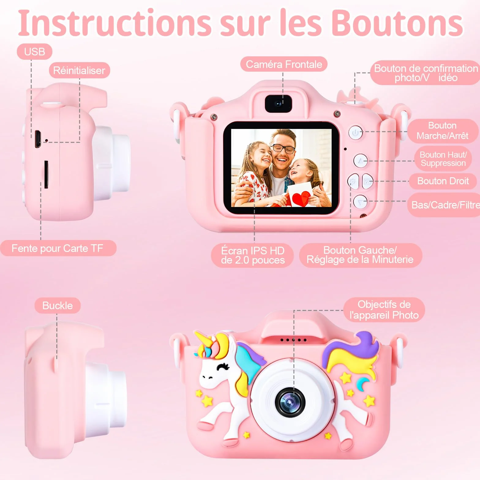 Appareil Photo Numérique Enfant 2,0" 1080p 32 Go Carte SD Selfie Rechargeable Caméscope Jouet Licorne