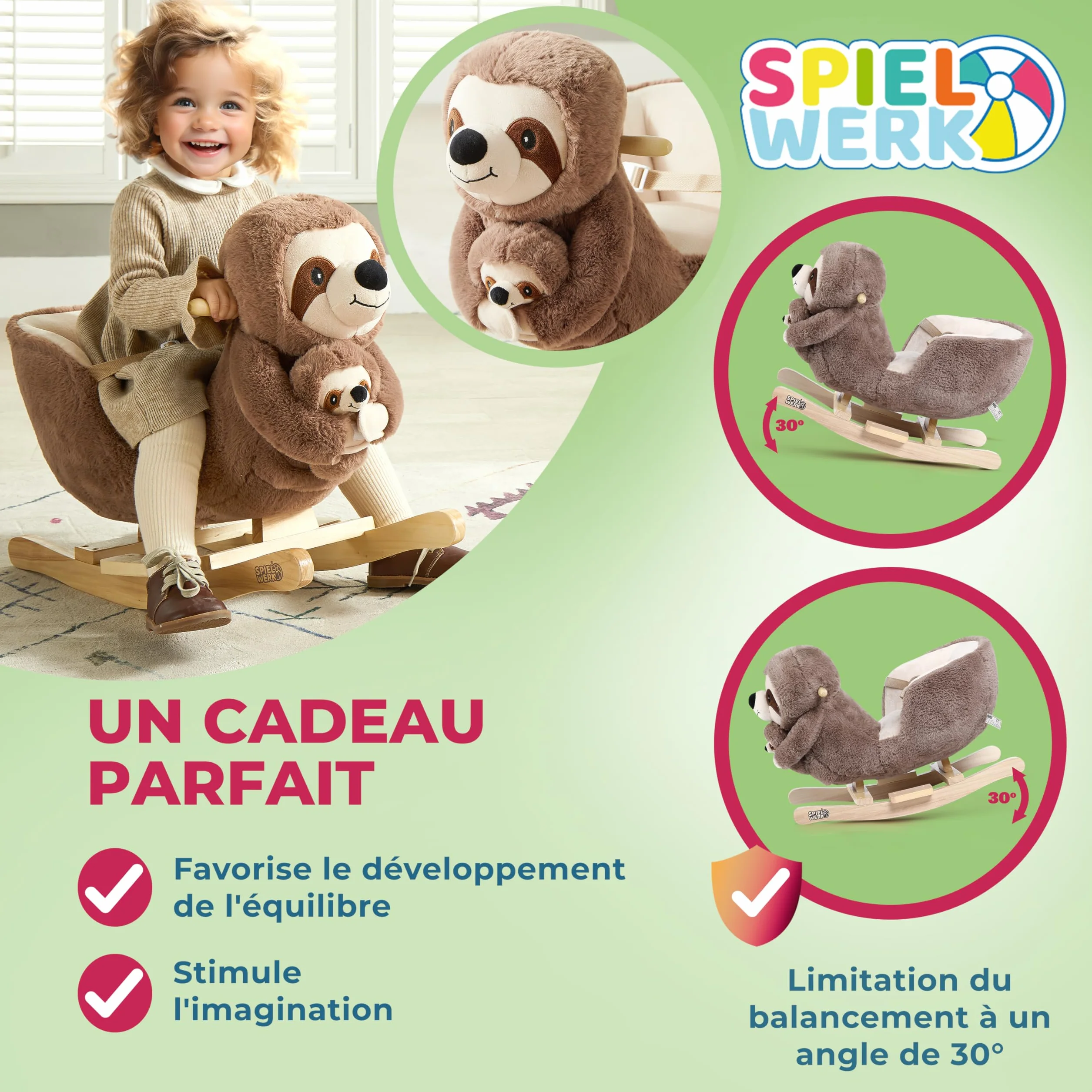 SPIELWERK® Paresseux à Bascule Animal en Peluche avec Ceinture Sécurité et Fonction Sonore