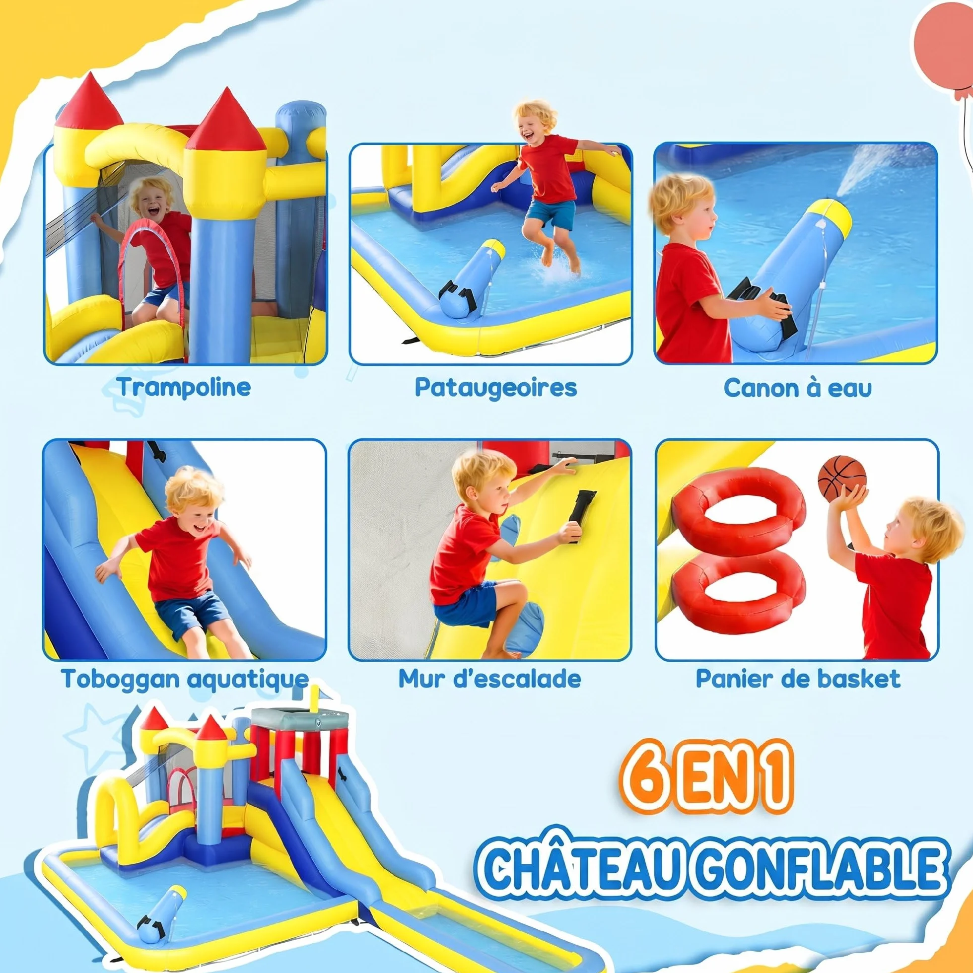 AIYAPLAY Château Gonflable 6 en 1 Parc Aquatique avec Toboggans, Trampoline, Mur d'escalade, Canon, Panier de Basket, pour 4 Enfants 3-8 Ans