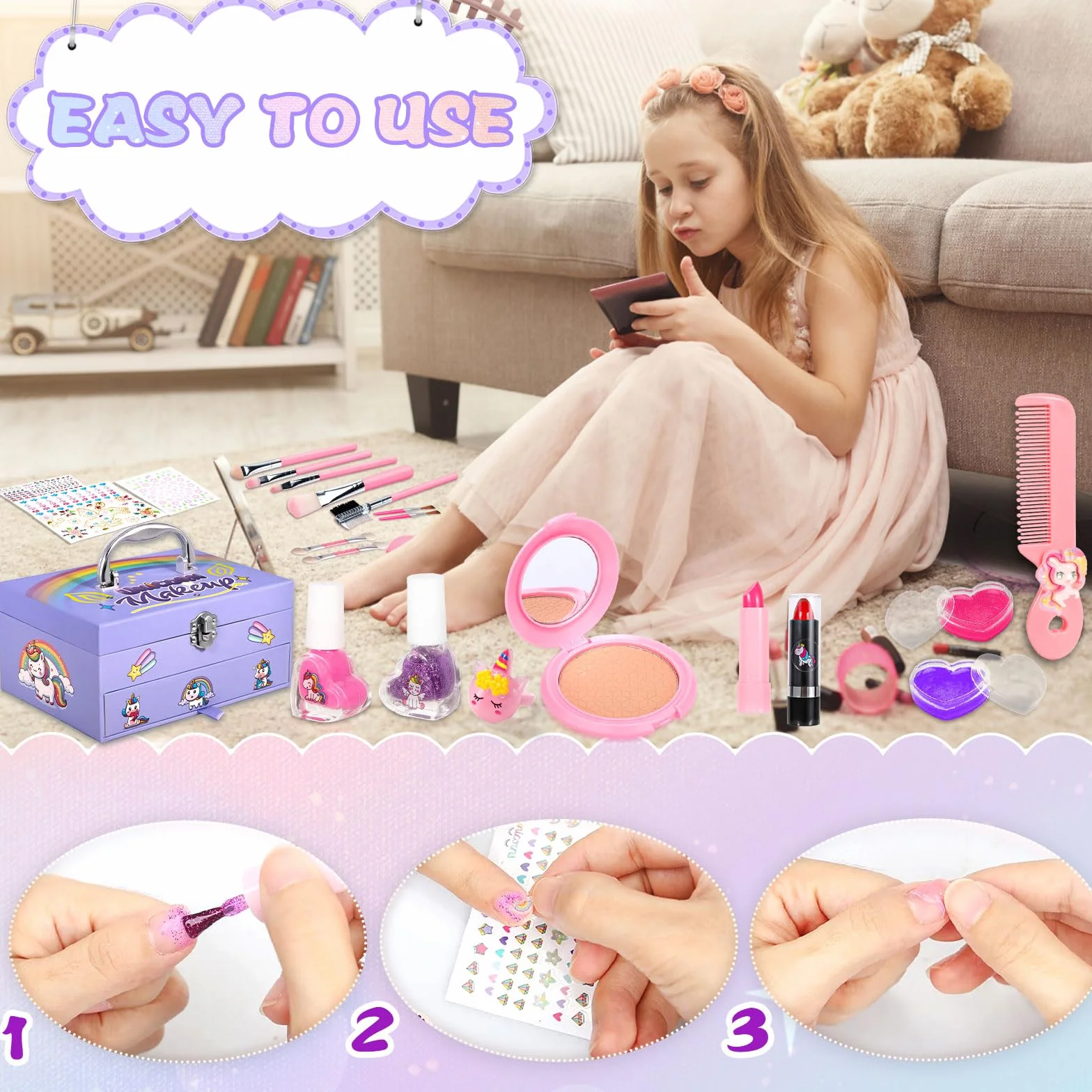 Coffret Maquillage Enfant Filles, 68pcs Lavable Malette Maquillage Jouet, Cadeau Noël Anniversaire 4-10+ Ans