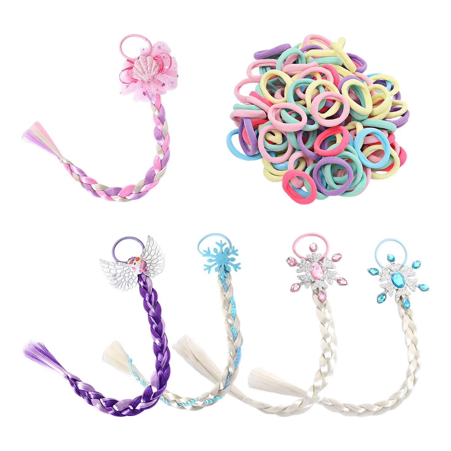 Perruques de Filles, 5 Pièces, 100 Mini Anneaux de Cheveux, Accessoires de Coiffure Colorés