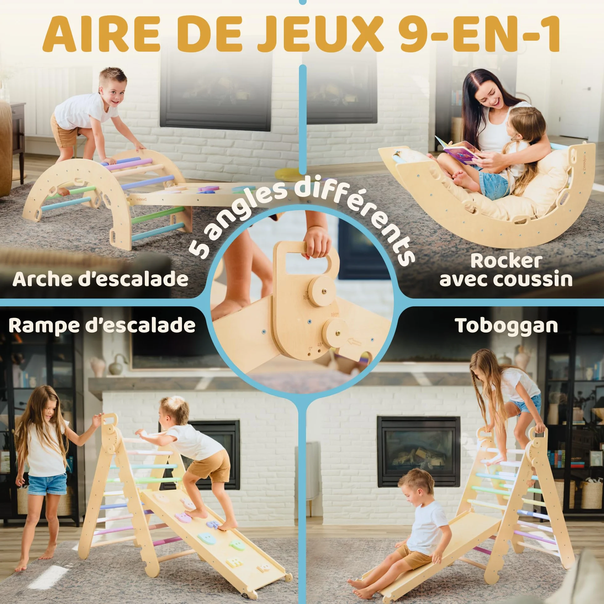 Triangle de Pikler Montessori Large 9en1, 5 Angles Ajustables, Parcours de Motricité Bébé Enfant 1-7 Ans avec Arche Escalade Bois
