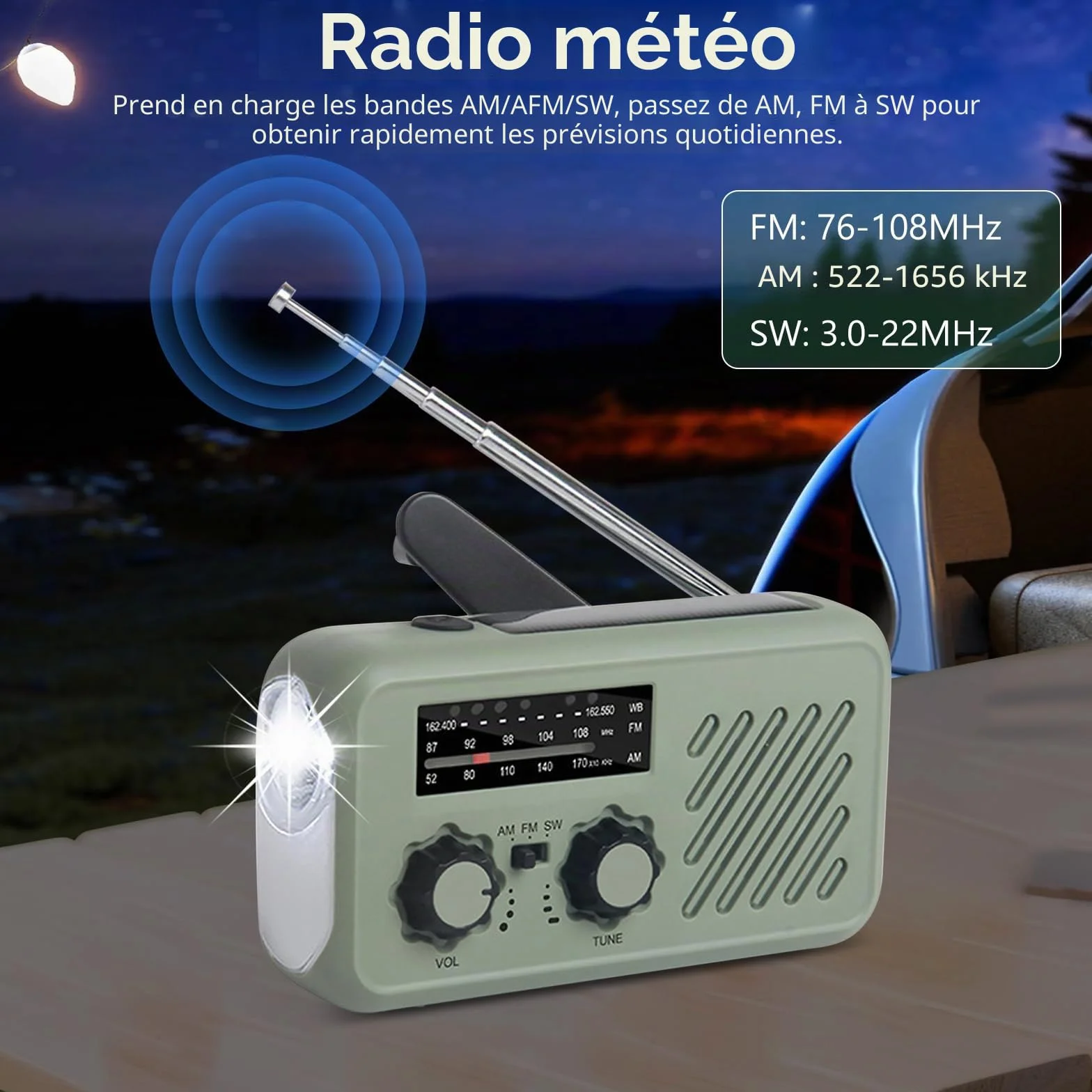 Radio Solaire d'Urgence AM/FM/WB Portable avec Batterie 2000mAh, LED, SOS, Recharge Téléphone