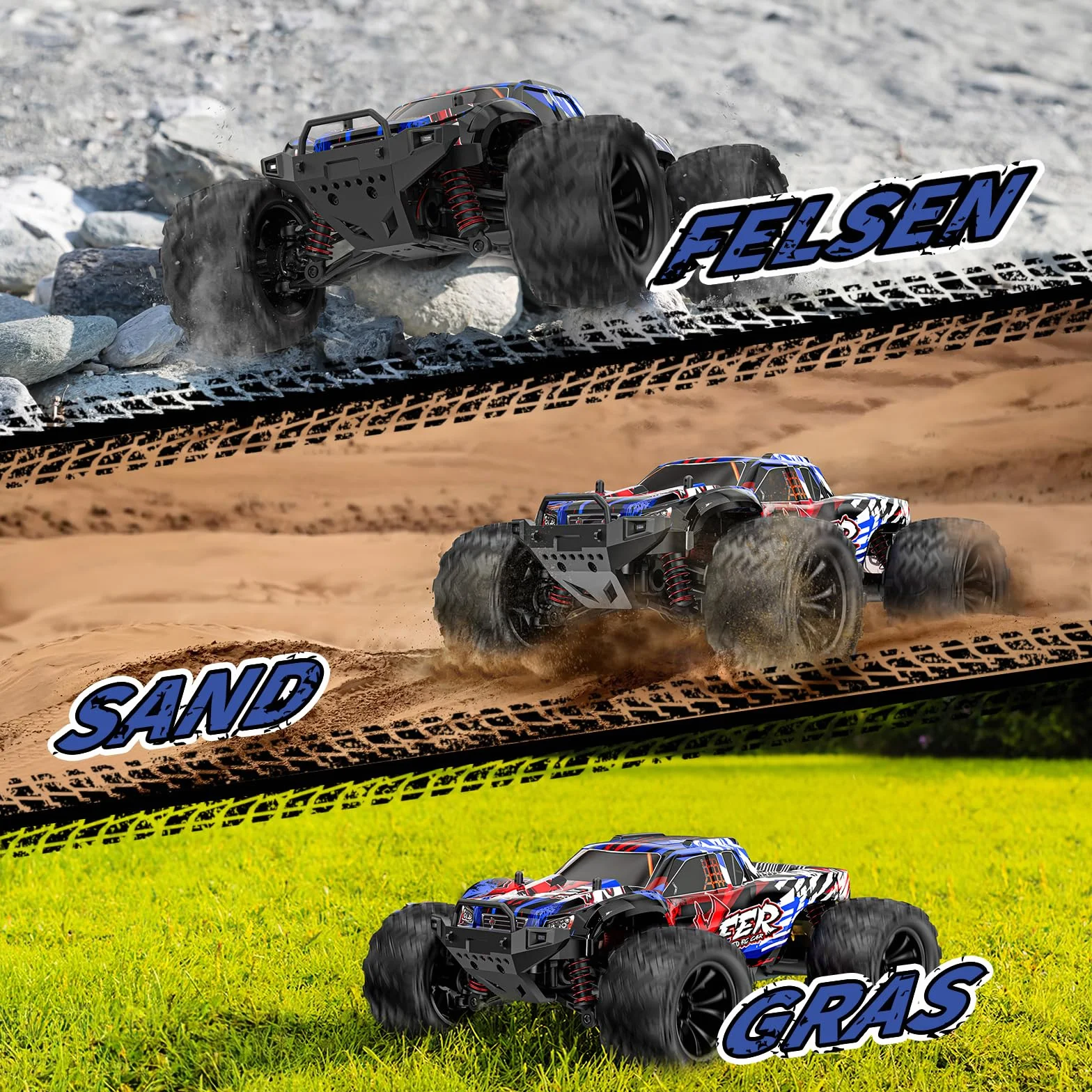 EVARY Voiture télécommandée 1:16, 40 km/h, 2,4 GHz, 4 WD, Monster Truck radiocommandée, Jouet pour Adolescents à partir de 12 Ans, 55 Minutes de Temps de Jeu, portée 50 m, Voiture radiocommandée pour