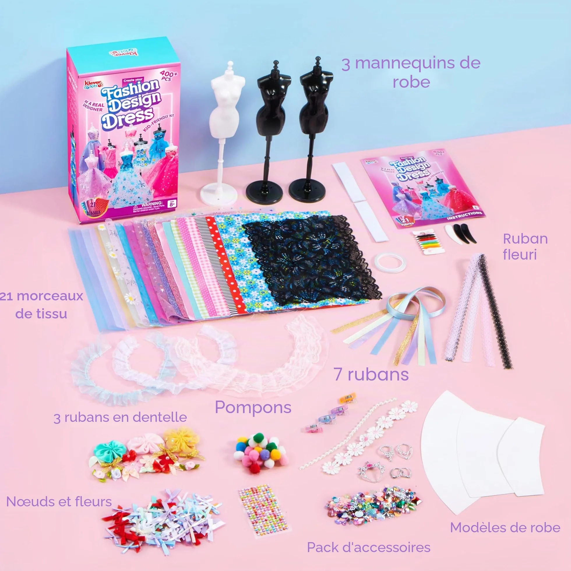 Klever Kits 400+PCS Artisanat de Design de Mode pour Enfants Art et Artisanat Jouet Bricolage Couture avec 3 Mannequins