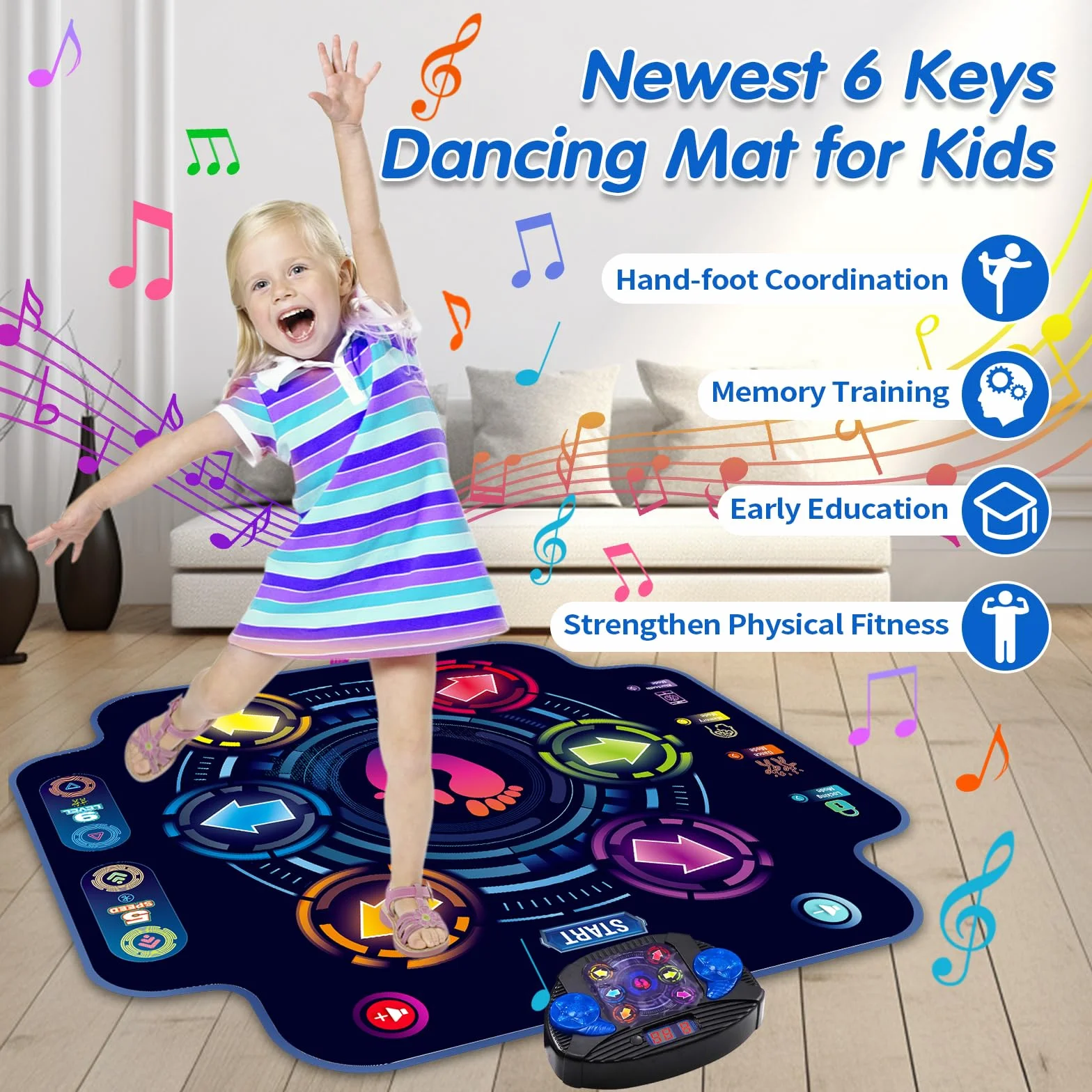 Tapis de Danse Bluetooth Enfants 3-12 Ans 6 Boutons 9 Niveaux 3 Modes Cadeau Noël Anniversaire