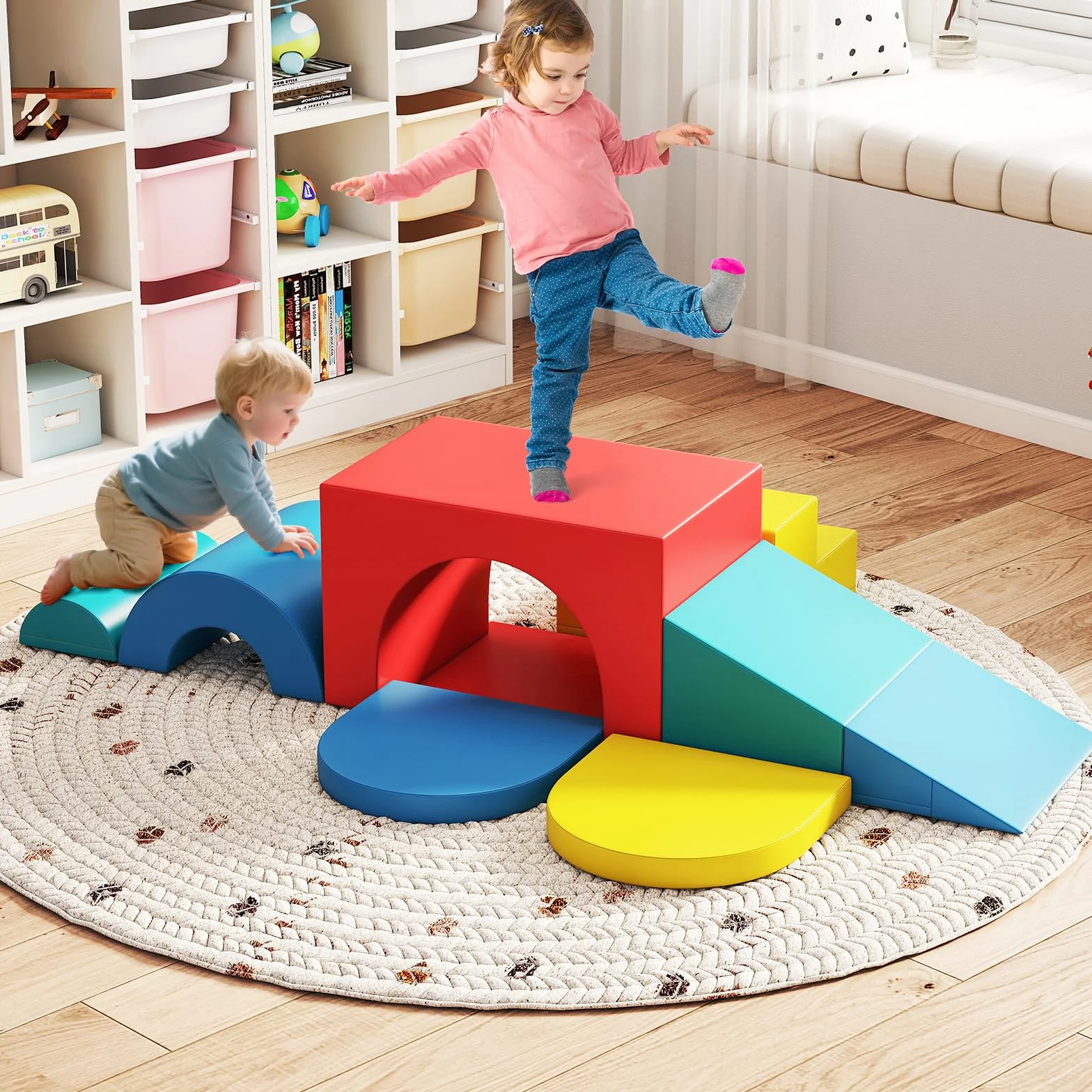GOPLUS Parcours Motricité Bébé 8 Pièces Module Motricité avec Housse Amovible et Lavable, Toboggan en Mousse pour Enfant 3 Ans+