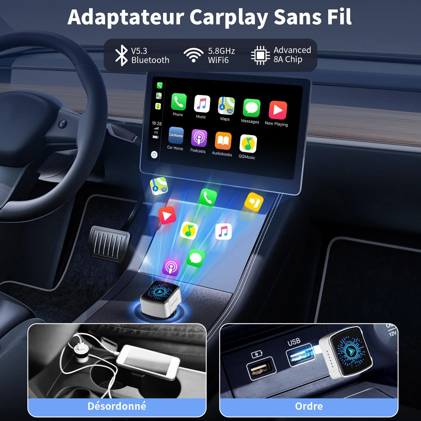 Adaptateur CarPlay sans Fil pour iPhone iOS 12+ Android Auto Compatible Voitures CarPlay Câblé 2016+ USB-A/C Connexion Rapide Stable Argent