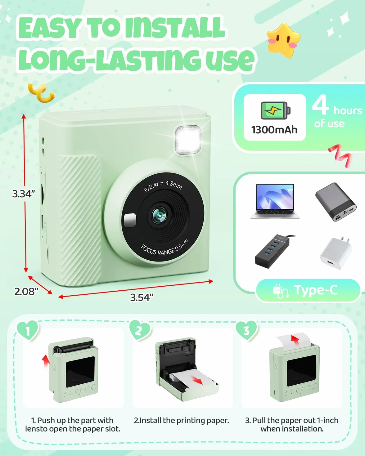 TIATUA Appareil Photo Instantané Enfants 1080P Numérique avec Carte 32GB et Papier d'Impression, Cadeau 3-12 Ans