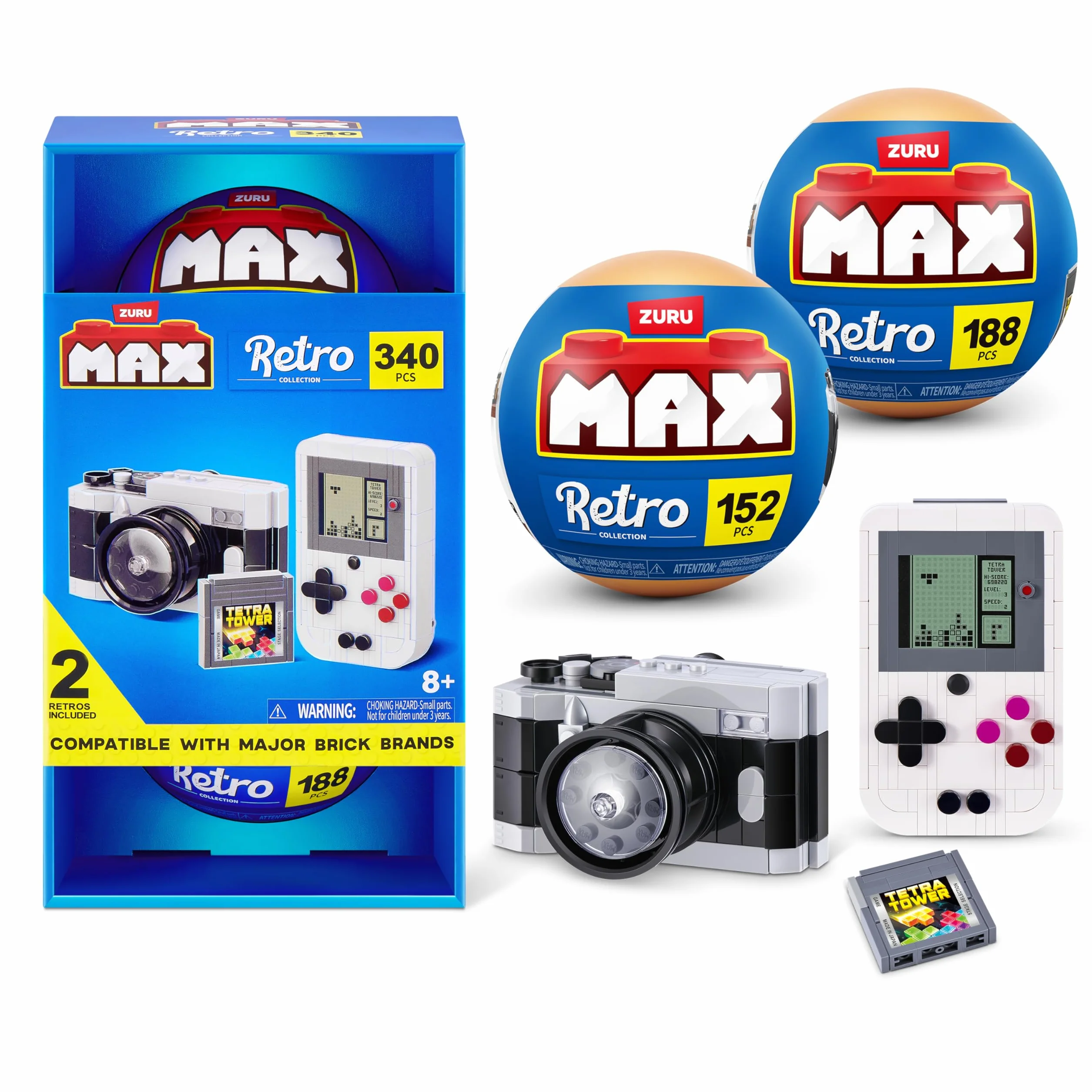 ZURU Max Build More Premium Retro Series 2 Appareil Photo Console de Jeux Portable Jouet de déballage Surprise Briques Construction 340 pièces