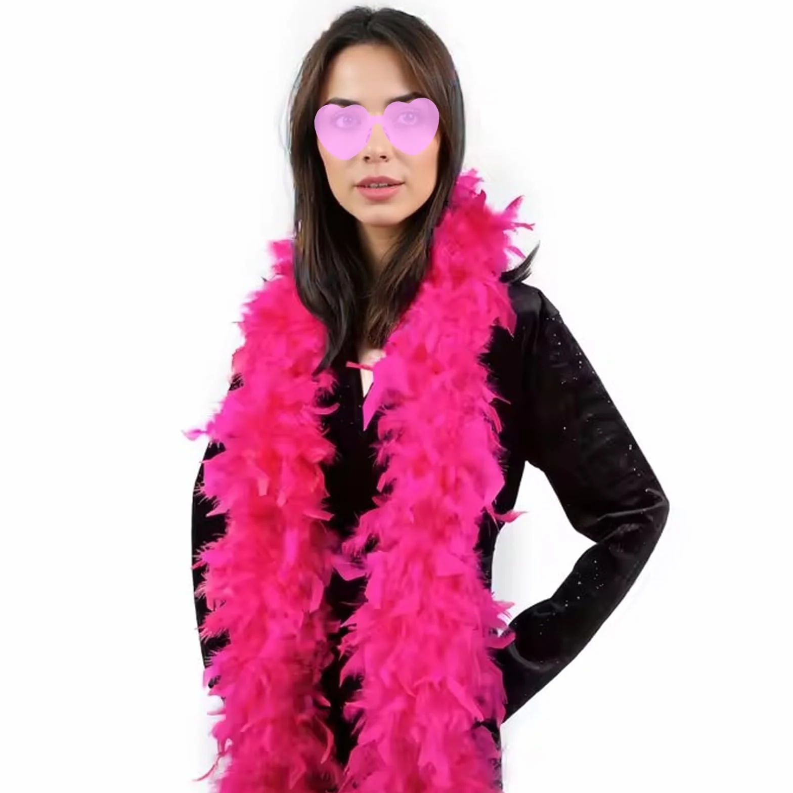 Boa en Plumes Roses avec Lunettes en Forme d'Étoiles et de Cœur, Déguisement Fête Carnaval Cosplay Halloween 200CM
