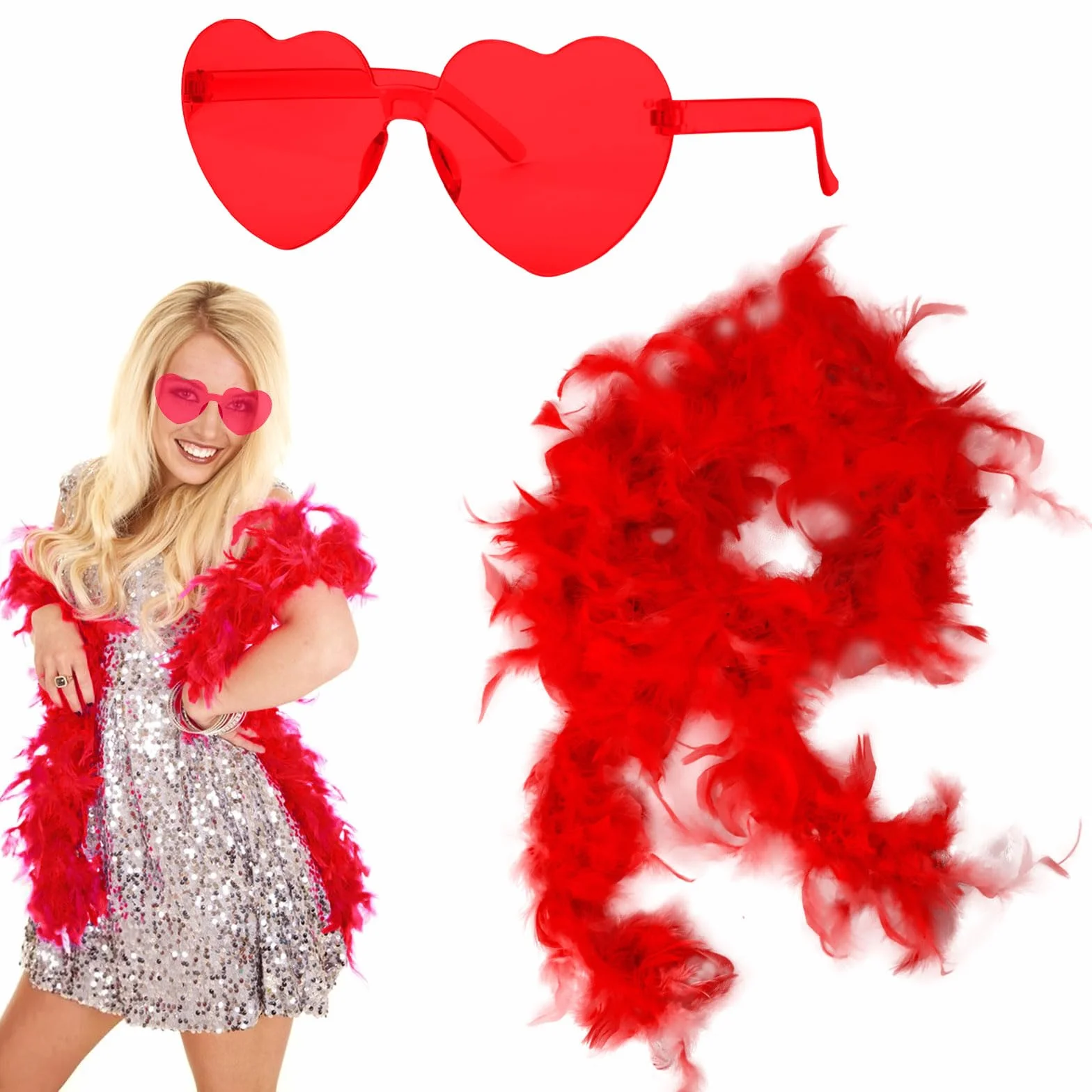 Lot de 2 boas en plumes artificielles avec lunettes en forme de cœur, décorations pour accessoires de danse - 2 m