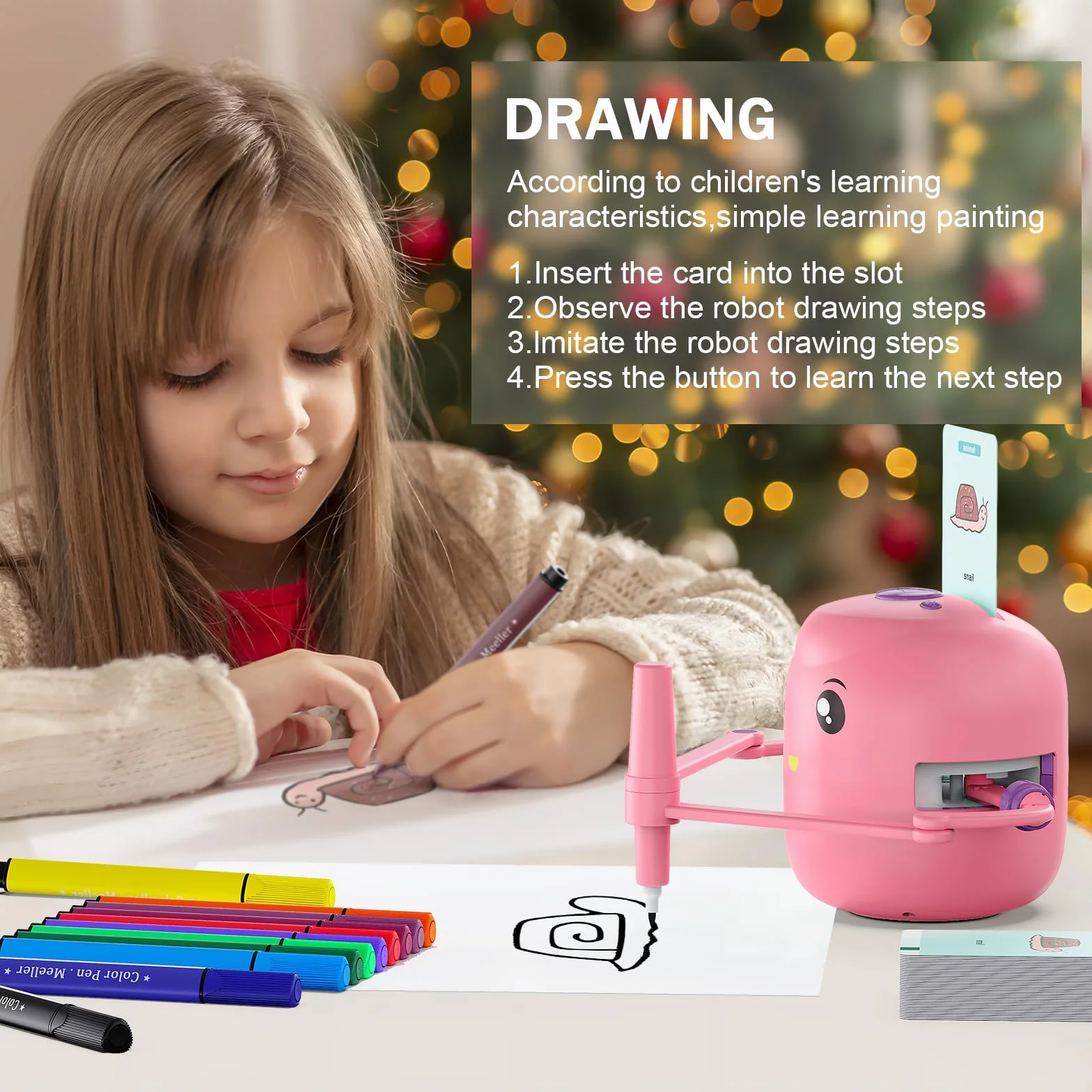 Drawing Robot for Kids Montessori Educational Painting Toy 5+ Voice Interaction 16 Color Pens 100 Learning Word Cards Gift 5+ Year Old Boys Girls Pink