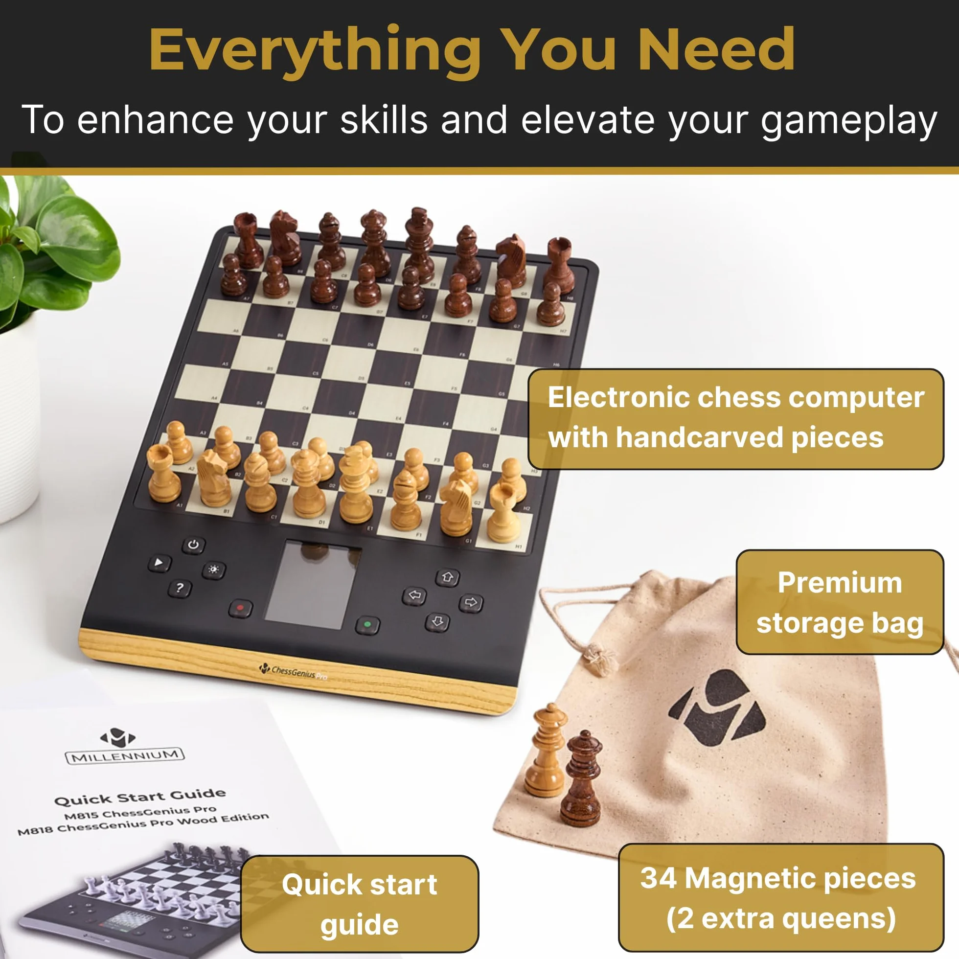 Ordinateur d'échecs MILLENNIUM ChessGenius Pro Wood Edition – Design élégant en Bois avec des pièces en Bois véritable, idéal pour Les Joueurs Amateurs grâce à Ses Fonctions d'apprentissage par IA
