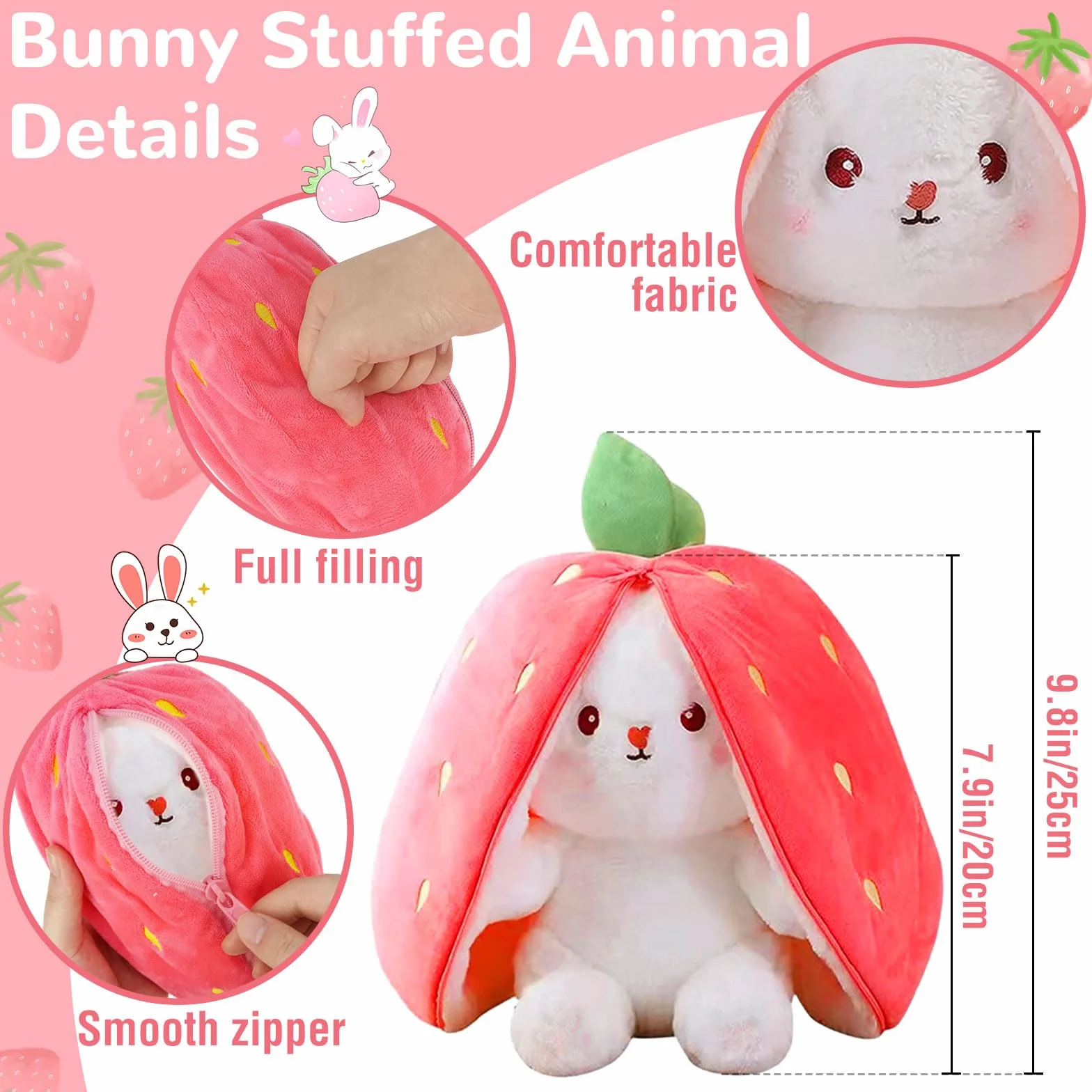 TOGETDREAM Lapin de Pâques 25cm Peluche Douceur Carottes Fraises Oreiller Enfants Rose