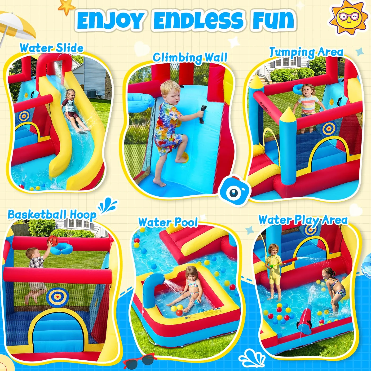 Château Gonflable pour Enfants 8-en-1 avec Souffleur 480W, Toboggan, Mur d'escalade, Trampoline et Pataugeoire