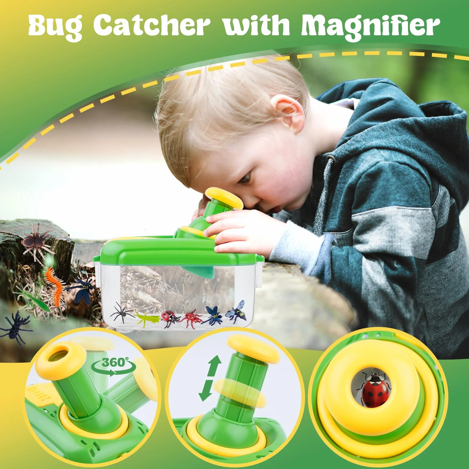 Kit Exploration Enfant Jeux Exterieur Attrape Insecte Boite Insectes 12 Faux Insectes Loupe Rotative 360 Garçon Fille 3-8 Ans