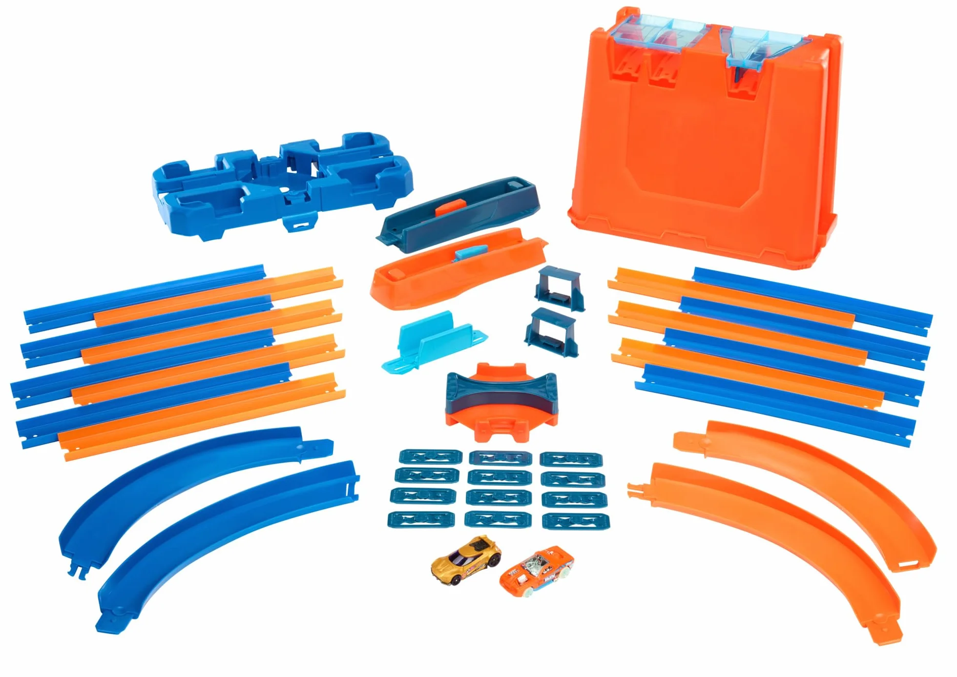 Hot Wheels Track Builder Deluxe Boîte de Construction, 6 mètres de Piste, 2 Voitures de Course, Jouet Enfant GGP93