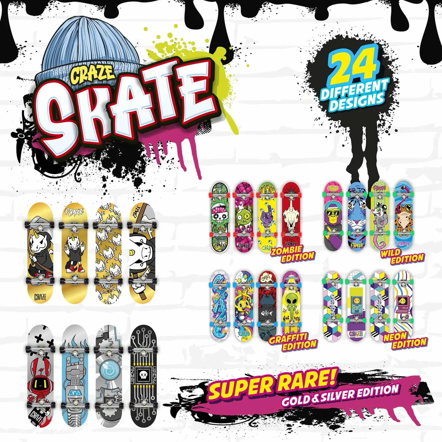 Craze Skate Pack de 2 Mini Skate Doigt Designs Aléatoires Parmi 4 Modèles Fingerboard Personnalisable avec Outils et Pièces
