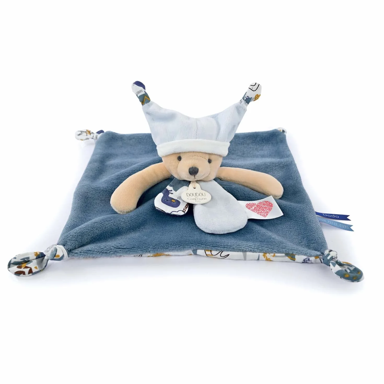 Doudou Plat Ours Bleu 25 cm Avec Bonnet Rituel du Coucher - Dès la Naissance - Garantie Doudou Perdu - Idée Cadeau Bébé