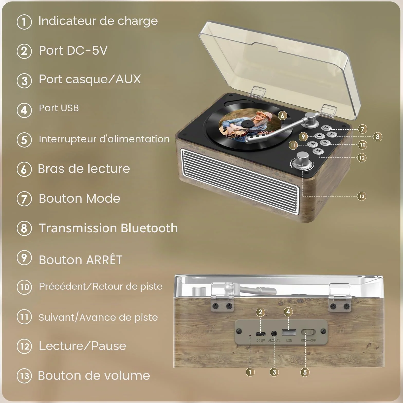 Lecteur CD Bluetooth Portable 3600mAh Rechargeable Vintage Bois de Chêne Radio FM avec Télécommande Prise USB AUX