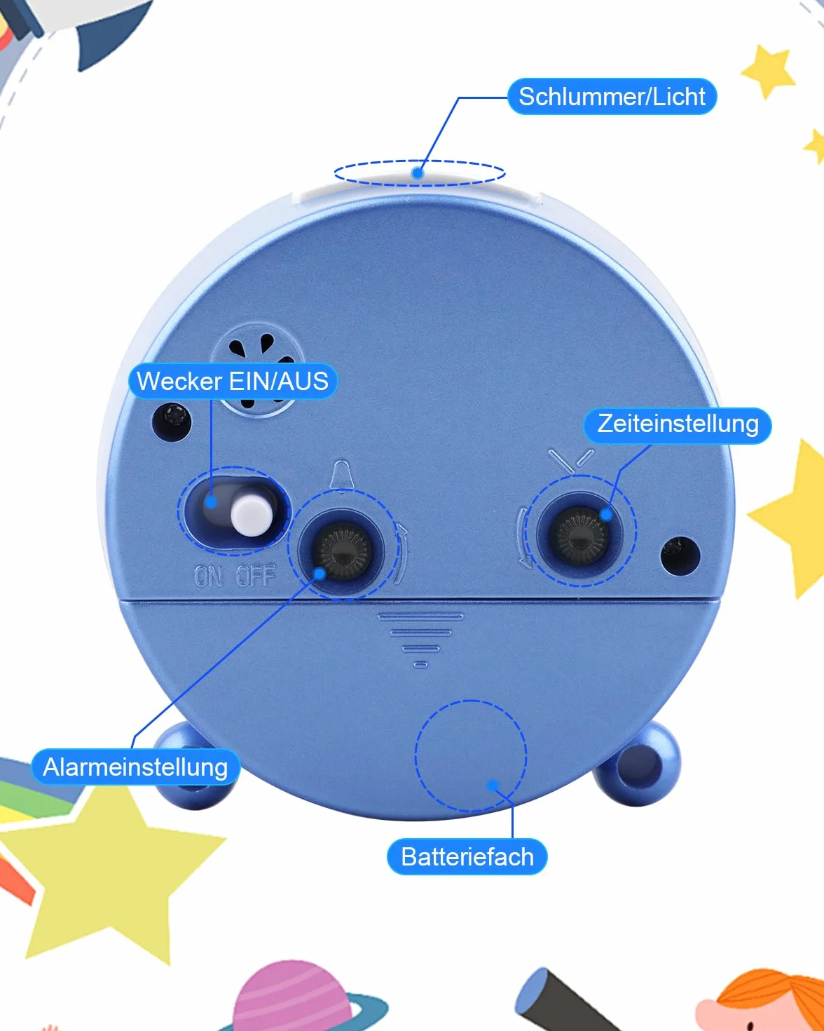 Réveil Enfant Fille Garçon, Horloge Analogique Pédagogique sans Tic-Tac avec Veilleuse et Snooze, Cadeau Chambre (Bleu Arc-en-Ciel)