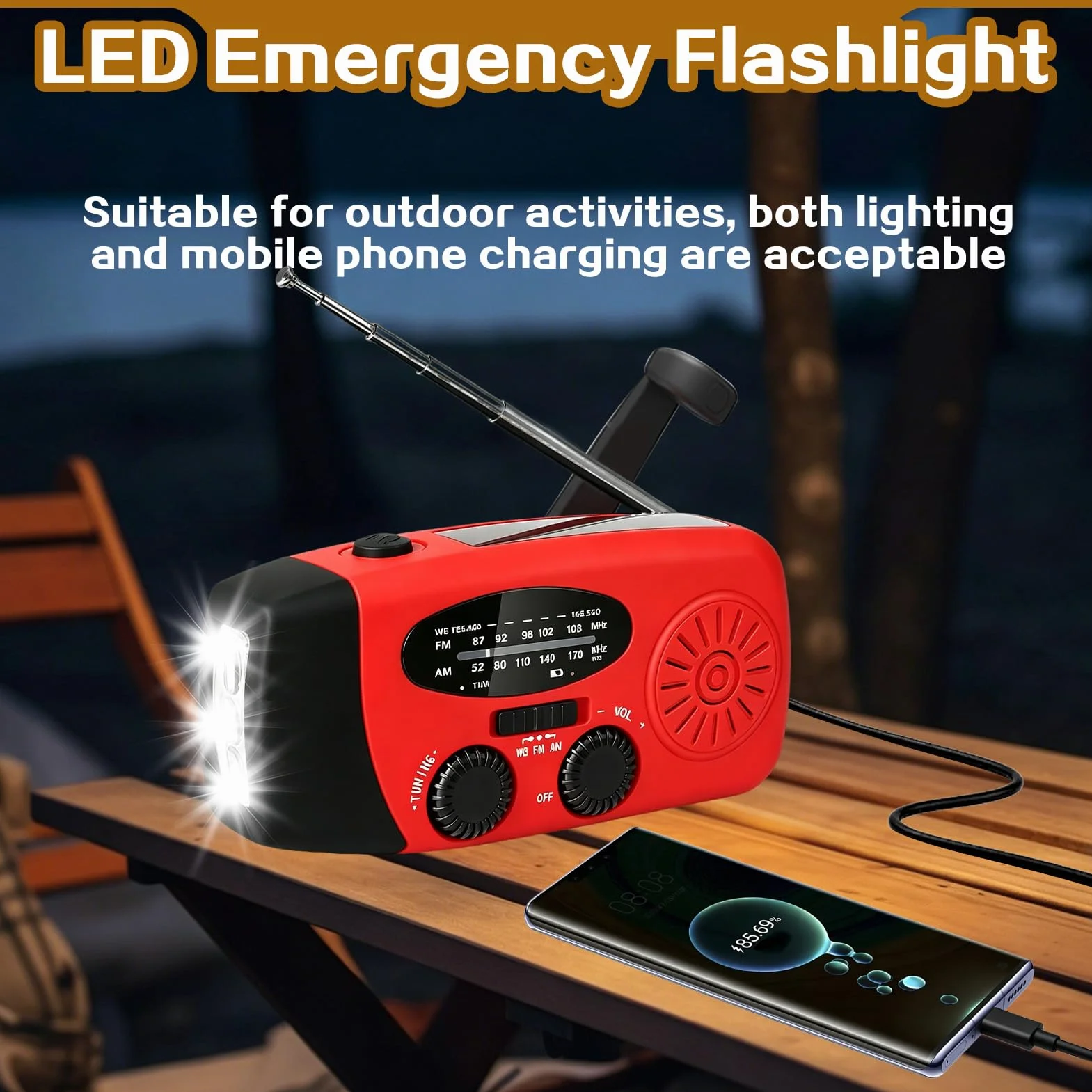 Radio Solaire d'Urgence Portable AM/FM avec Lampe Torche LED et Batterie Rechargeable 600mAh