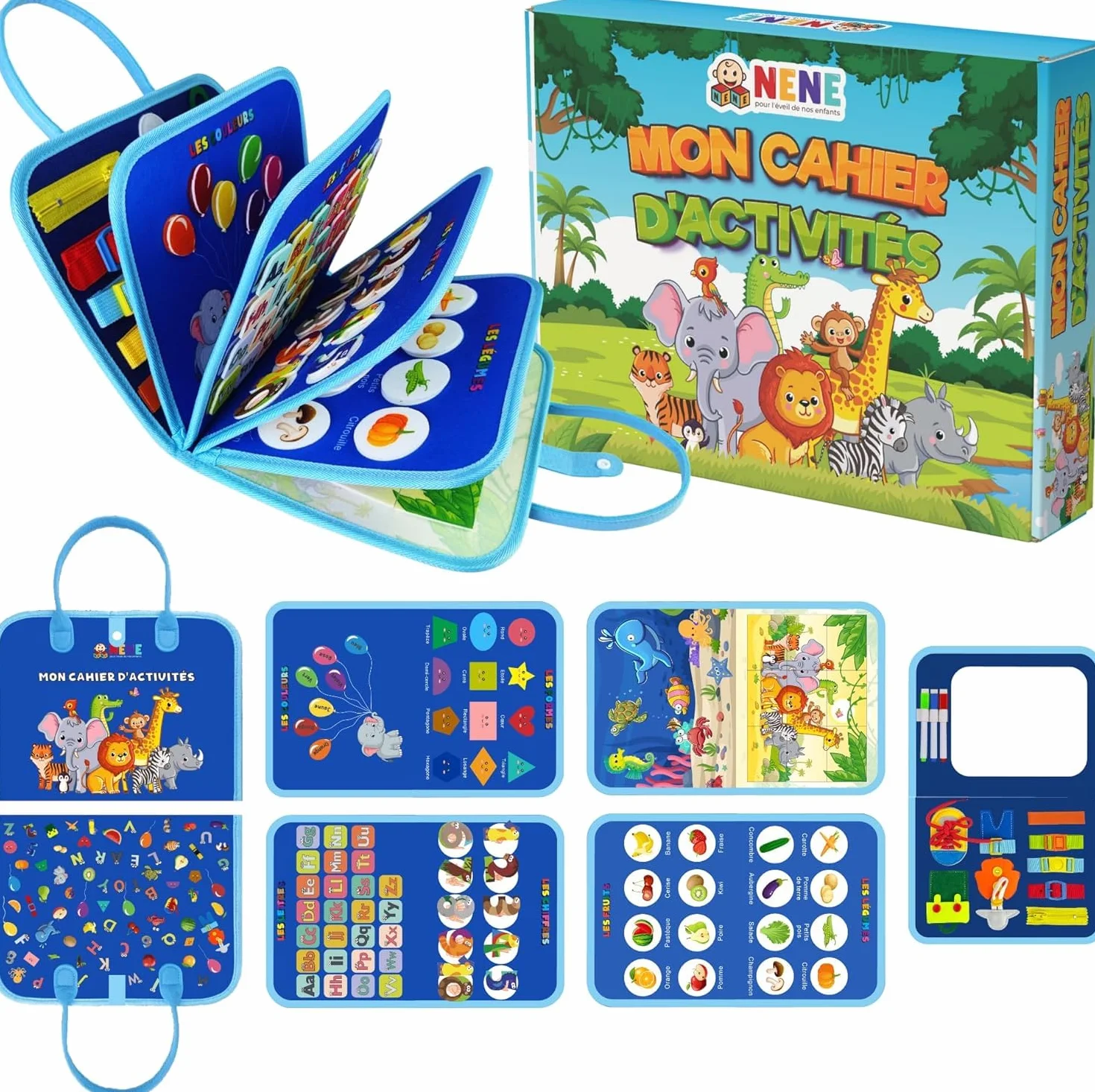 Nene Busy Board Montessori Jouet éducatif 2-6 Ans garçon fille Planche activités sensorielle sans écran Lettres Chiffres Formes Couleurs Motricité Fine