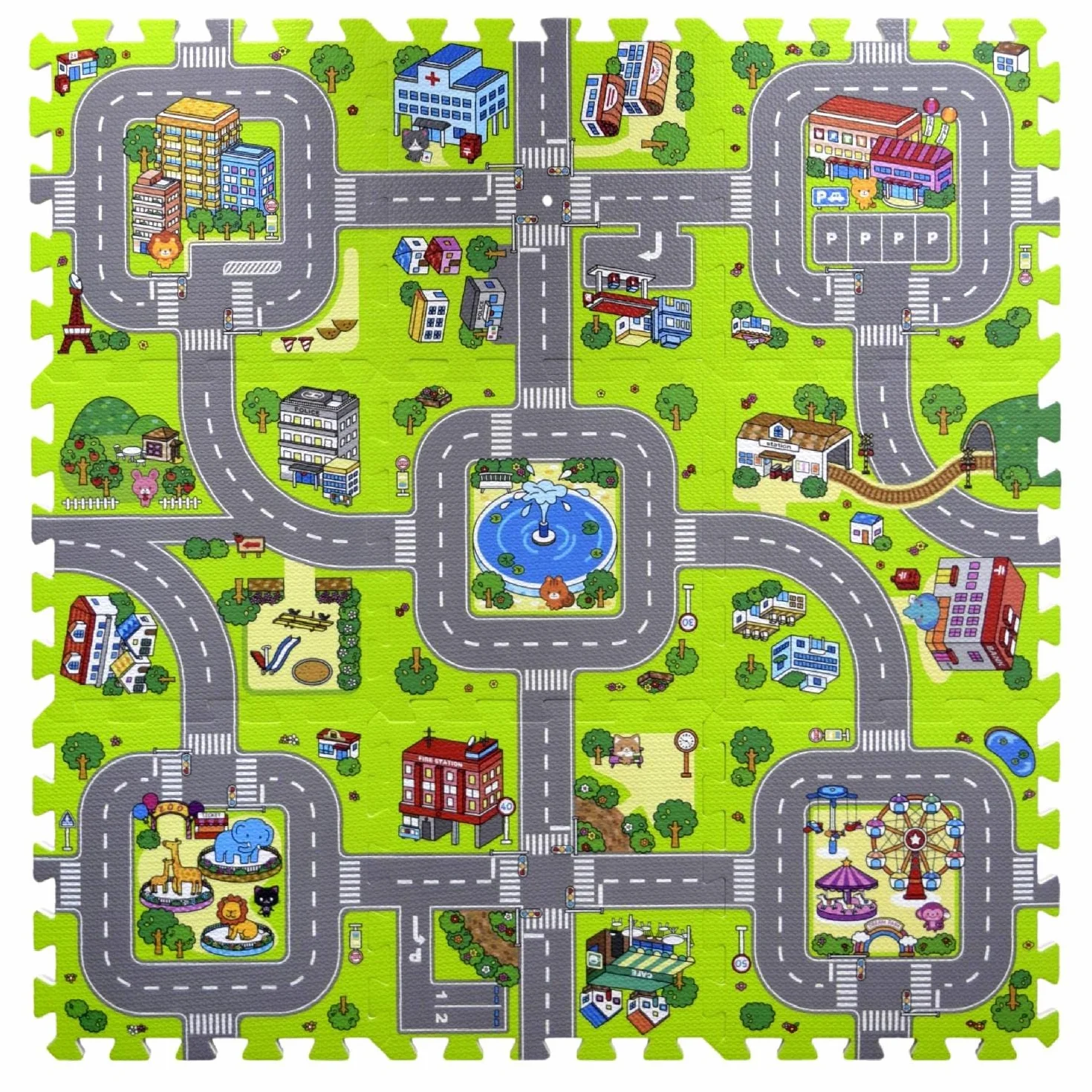 Tapis puzzle en caoutchouc EVA pour enfant circuit routes 90 x 90 x 1 cm pièces interchangeables