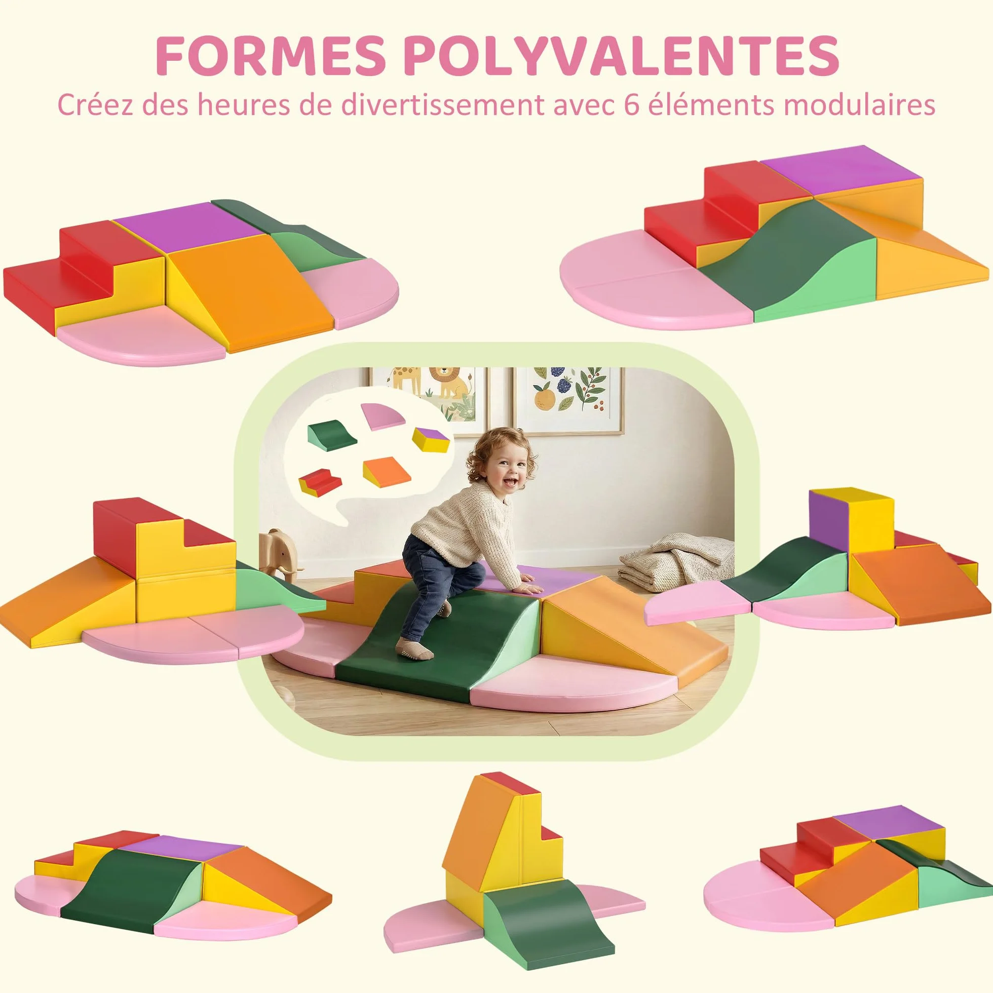 HOMCOM Parcours motricité bébé 6PCS Module en Mousse EPE avec Housse revêtement synthétique Blocs Construction Jouets éducatifs Enfants préscolaire Multicolore