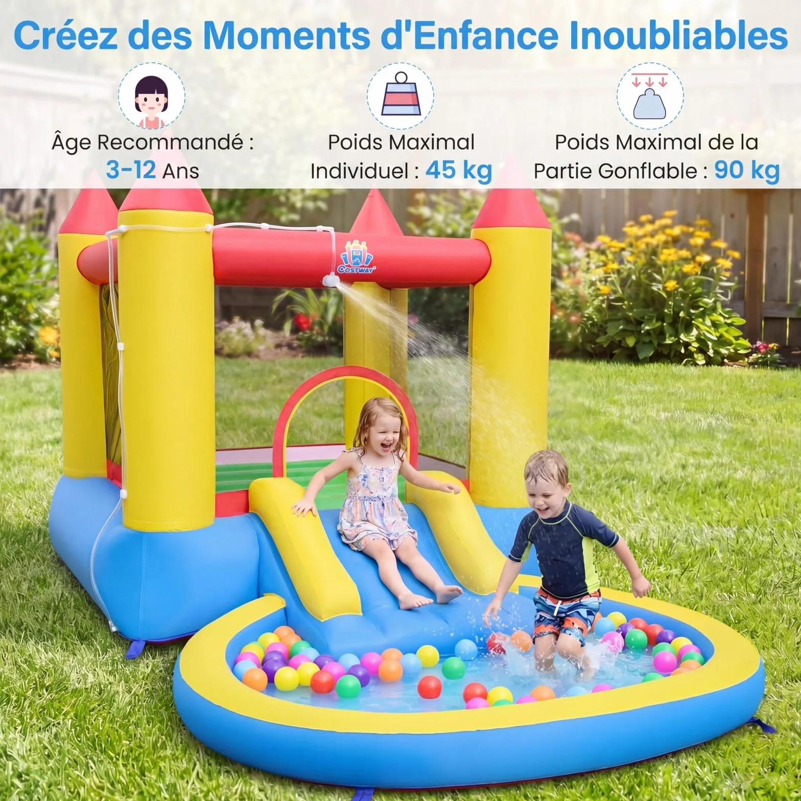 COSTWAY 3 en 1 Château Gonflable avec Toboggan et Maison de Saut, Aire de Jeux avec Piscine à Balles et 50 Balles Océaniques, pour 3-12 Ans