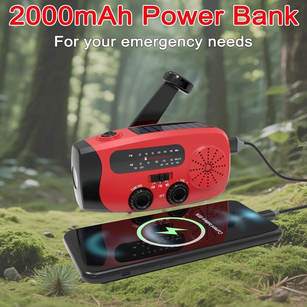 Radio solaire d'urgence portable 2000 mAh avec alarme SOS et chargeur USB