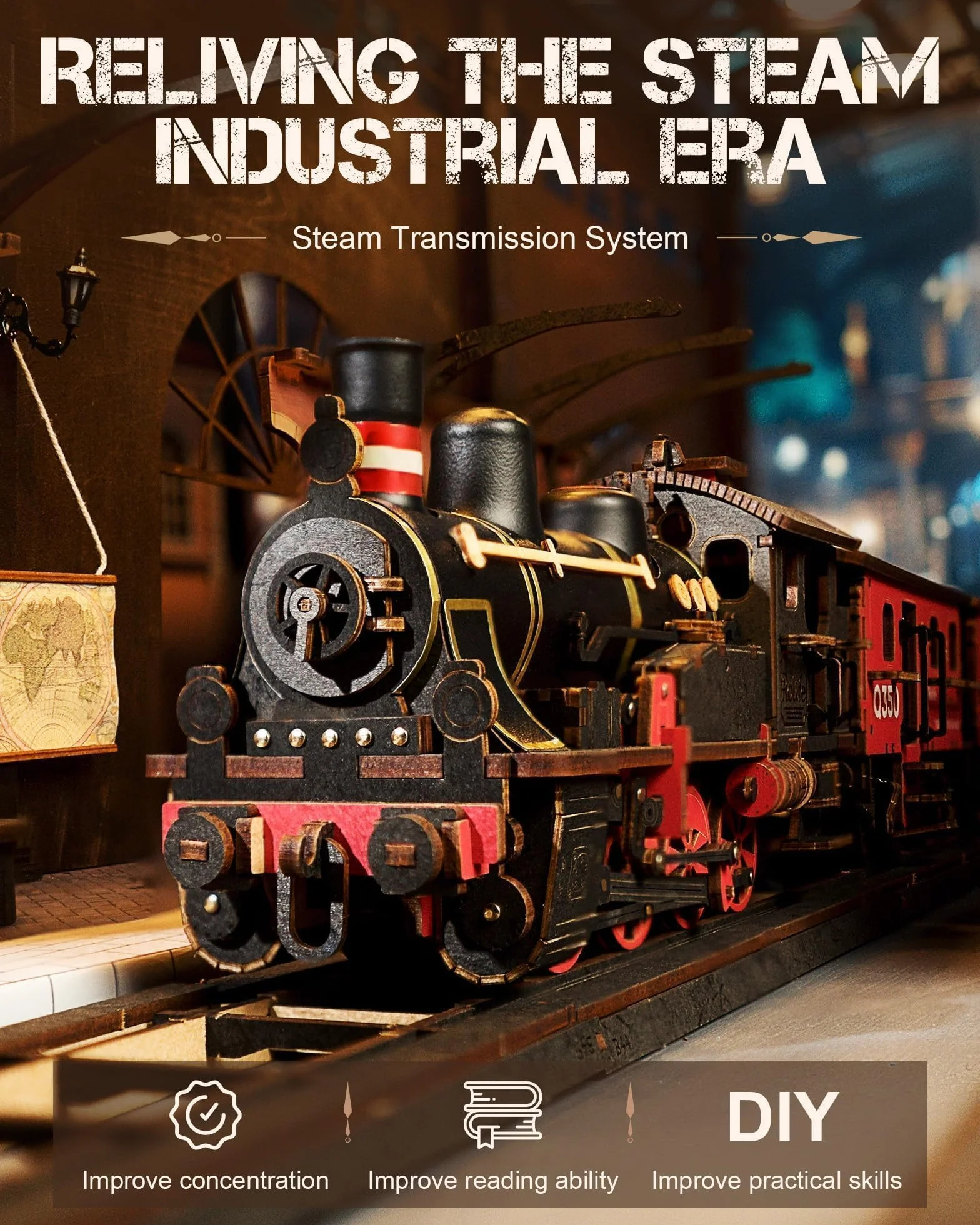 Puzzle 3D Train À Vapeur, Maquette en Bois A Construire pour Adultes, Cadeau DIY Vintage
