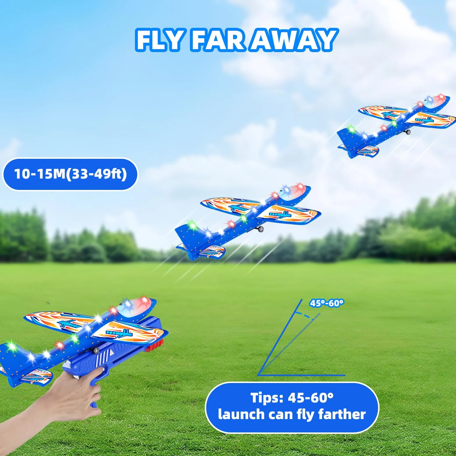 Doloowee 3 Avions Planeurs en Mousse, 2 Modes de vol, Jouets Volants d'extérieur avec Pistolet catapulte, Cadeaux pour Enfants 4-12 Ans