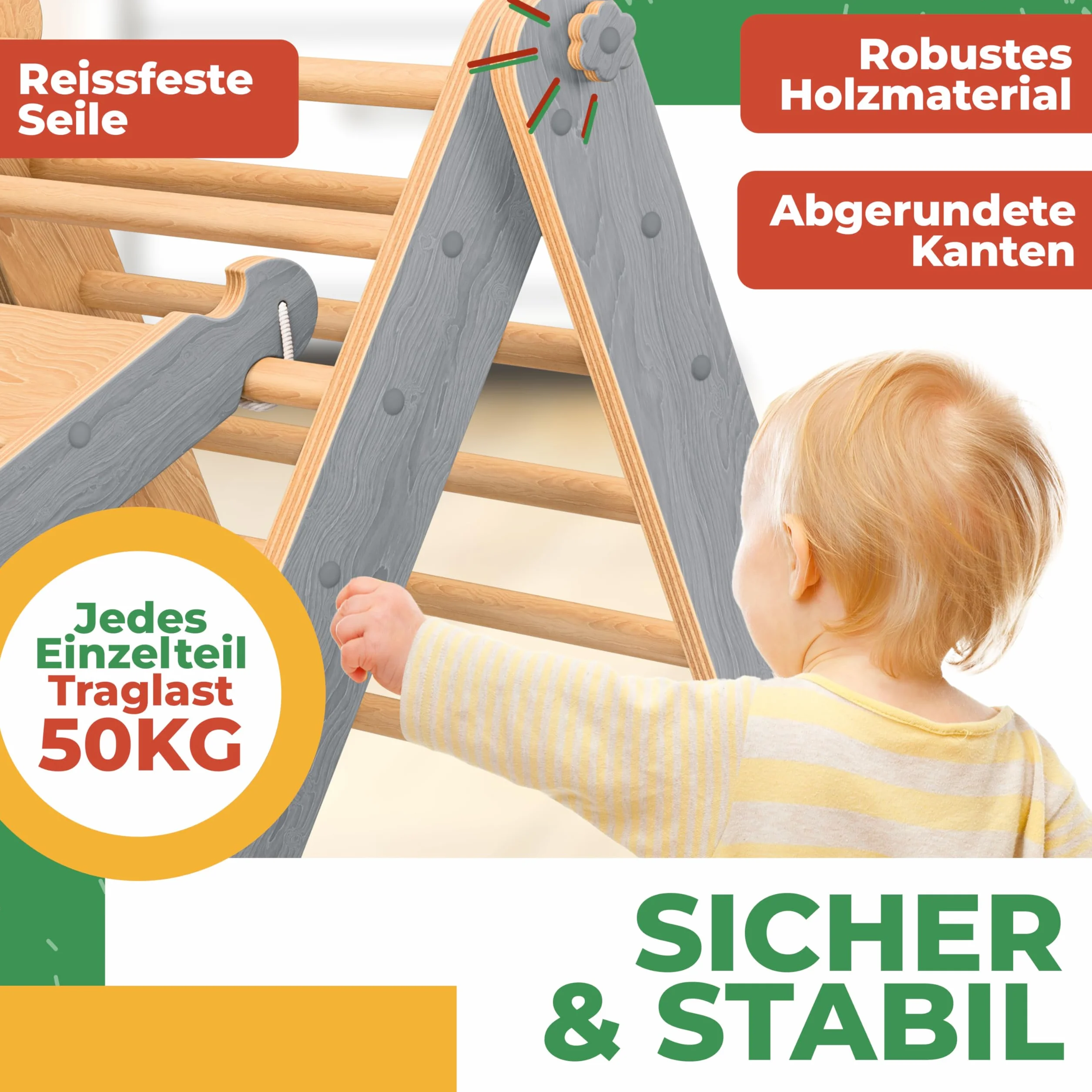 Kidiz Ensemble de jeu Montessori 7en1 avec structure d'escalade, toboggan, triangle d'escalade en bois | Aire de jeux intérieure
