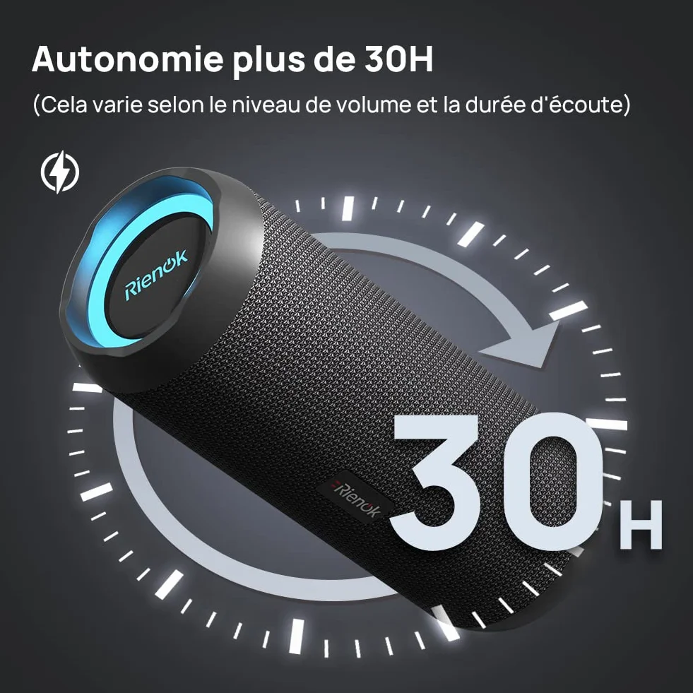 RIENOK Enceinte Portable Bluetooth 5.3 30W IPX7 30H Noir