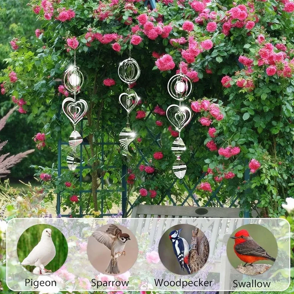 Lot de 3 Disques en Métal pour Effrayer les Oiseaux, Sculptures à Vent 3D, Décoration de Jardin