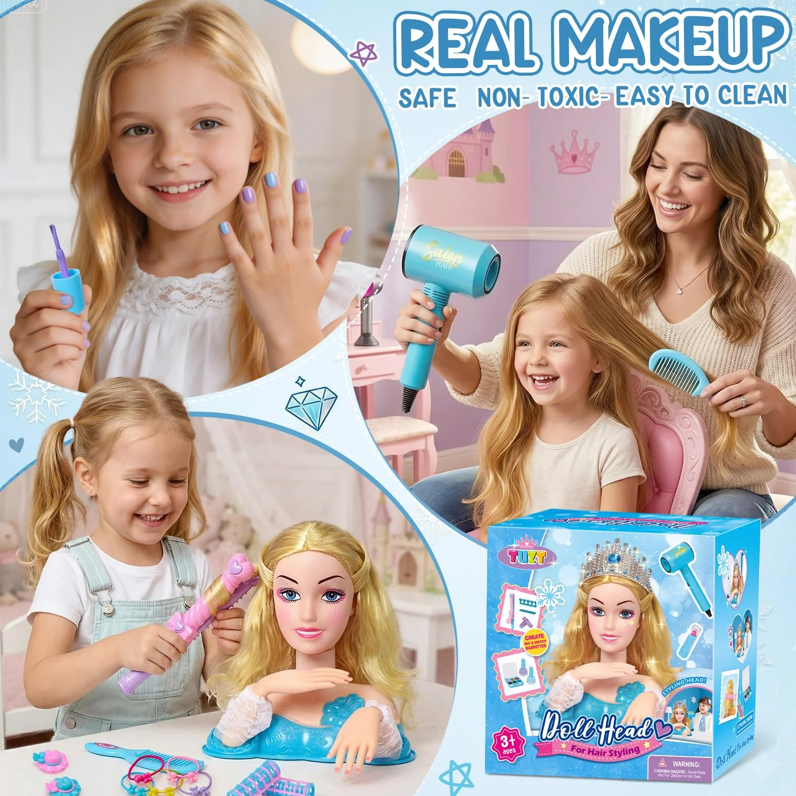 Vamei Tête à Coiffer Enfant 3-8 Ans avec Sèche-Cheveux & Maquillage, 20+ Accessoires Coiffure, Jouet Fille Salon de Beauté