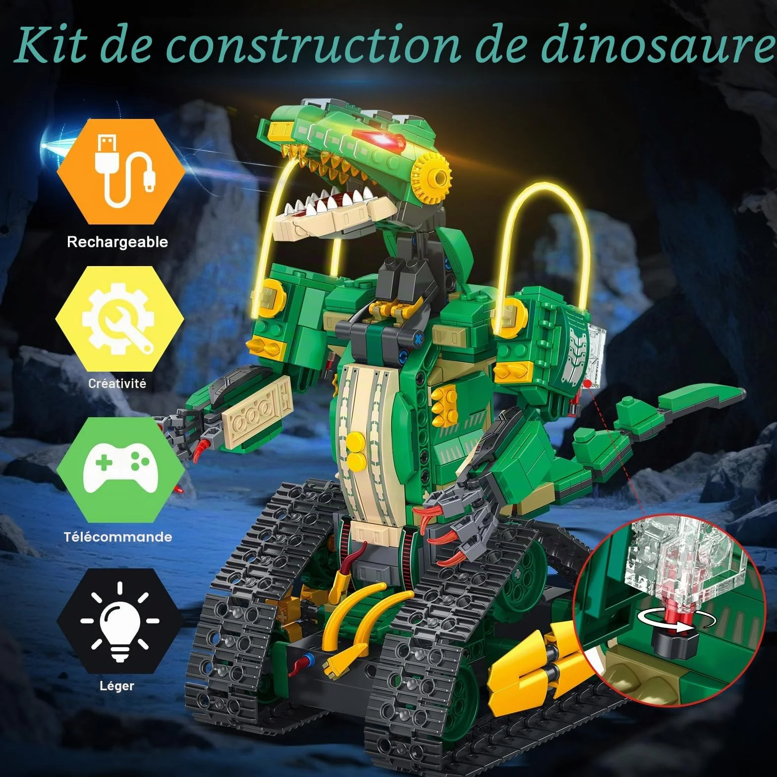 HiWEEGO Jouet de Construction Dinosaure Télécommandé 5 en 1 877 Pièces Robot Rechargeable