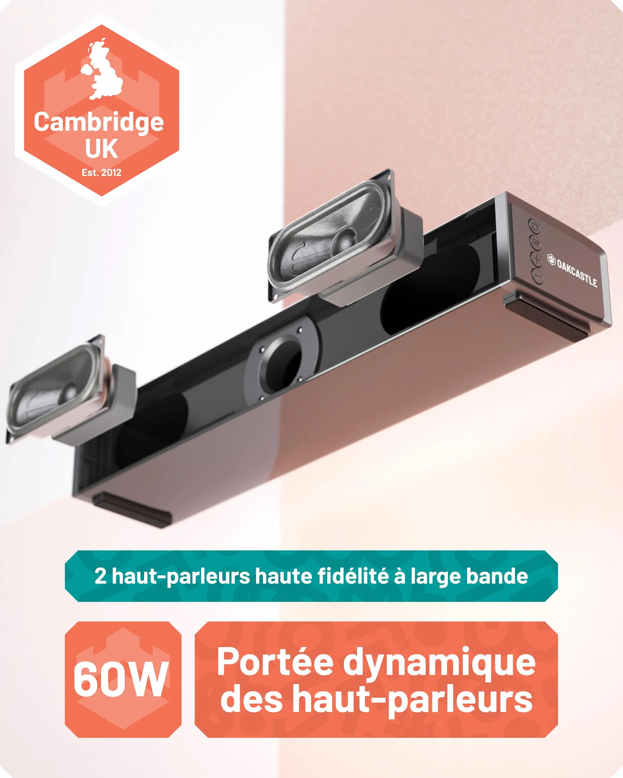 Oakcastle SB40 Barre de Son TV 60W 2.0 Stéréo HDMI Arc AUX Optique 40cm