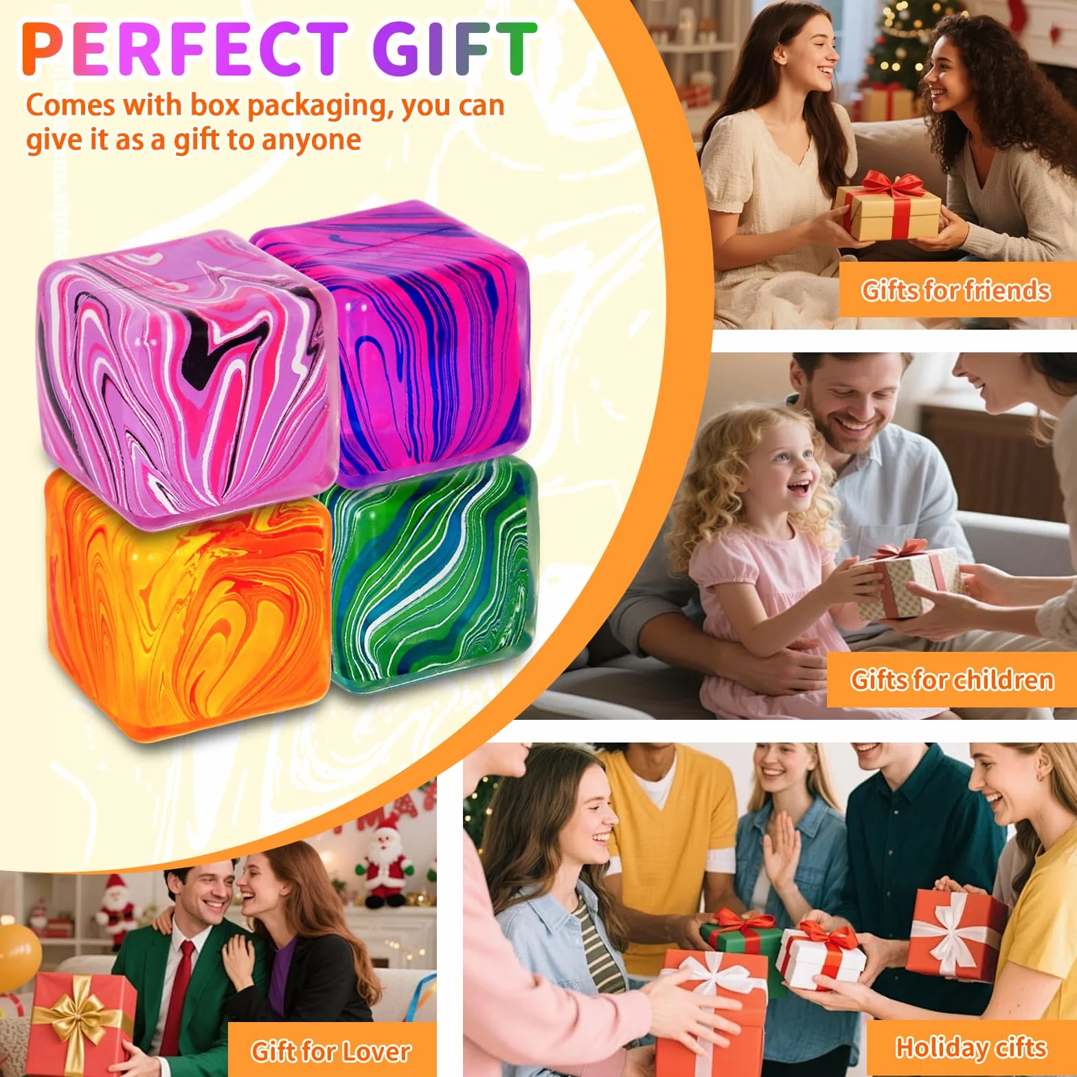 Graphinza Squeeze Toys Medium 1.97in Soft Relief Cube for Autism Stress Relief, Balls for Adults Children Classroom Prizes (4 PCS)