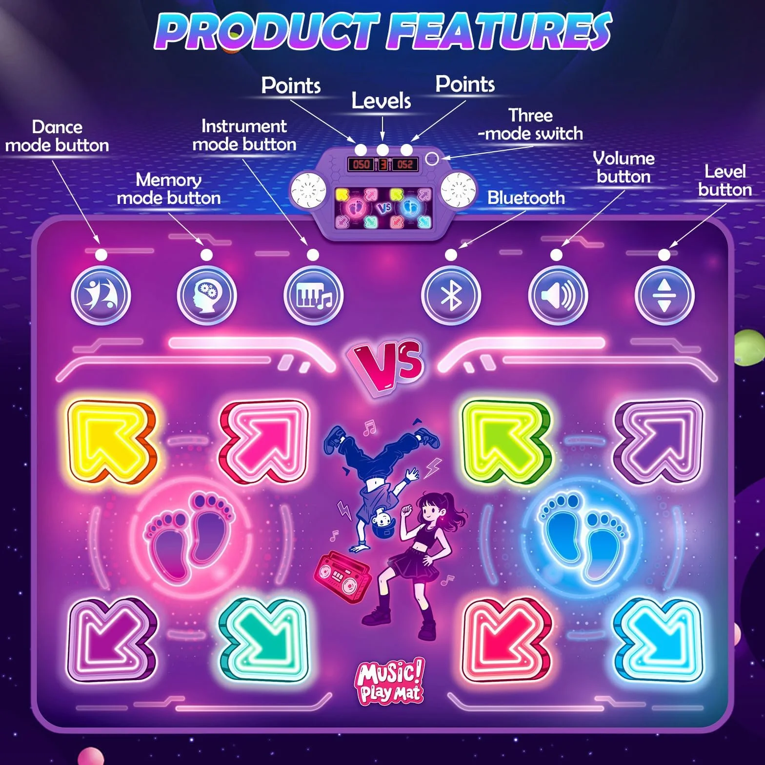 Tapis de Danse Musical Électronique pour Enfants avec 8 Flèches Lumière LED & Bluetooth, 3 Modes de Jeu, Cadeau Noël 3-10+