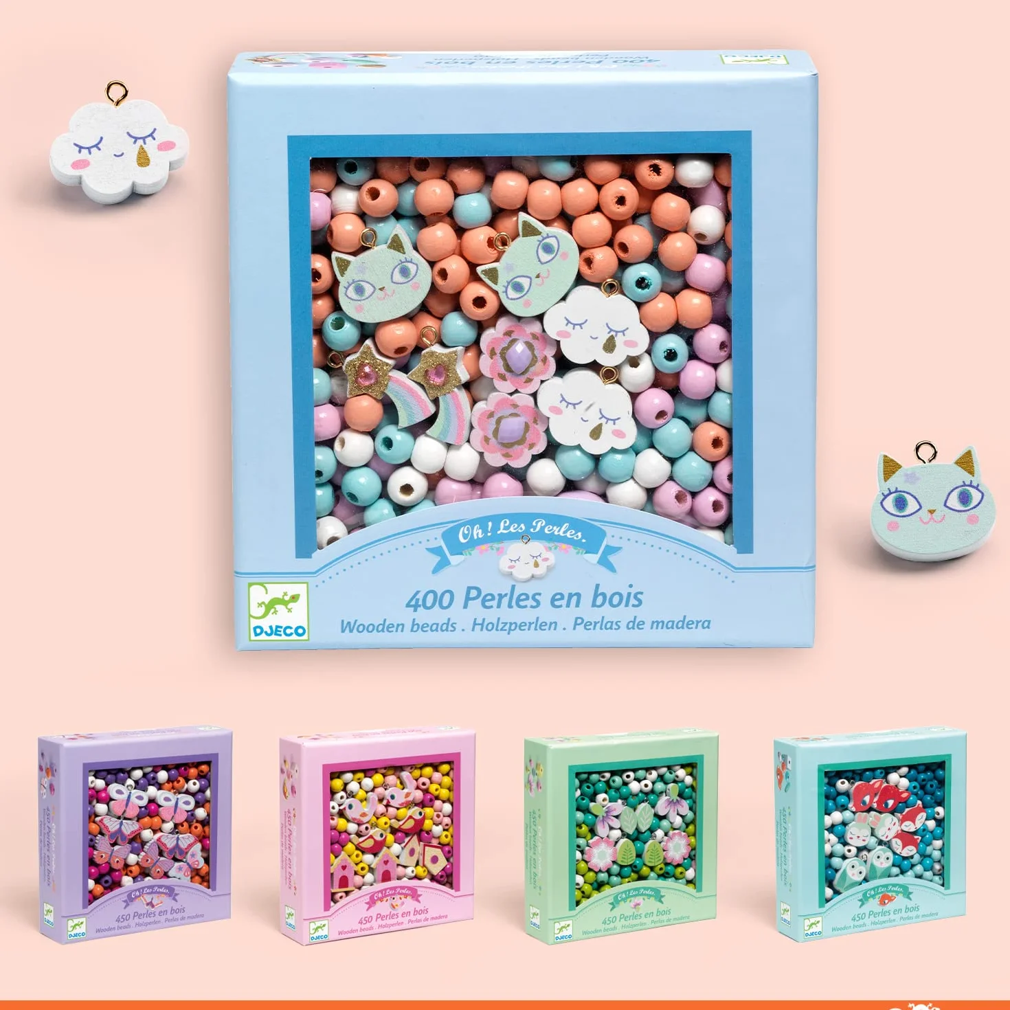 DJECO Coffret L'Art du Fil Perles Bijoux Enfants 4-8 Ans 450+ Perles 8 Charms Fil Élastique 6m