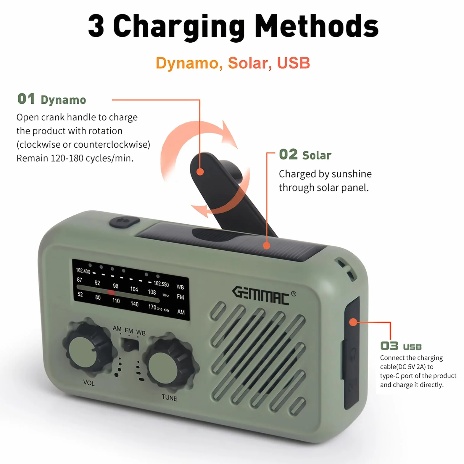 Radio d'urgence Multifonction 3 en 1 GEMMAC Recharge Solaire Dynamo Manivelle USB Batterie 2000mAh Powerbank Lampe Torche Lecture LED Alarme SOS Radio AM FM Camping Randonnée Survie