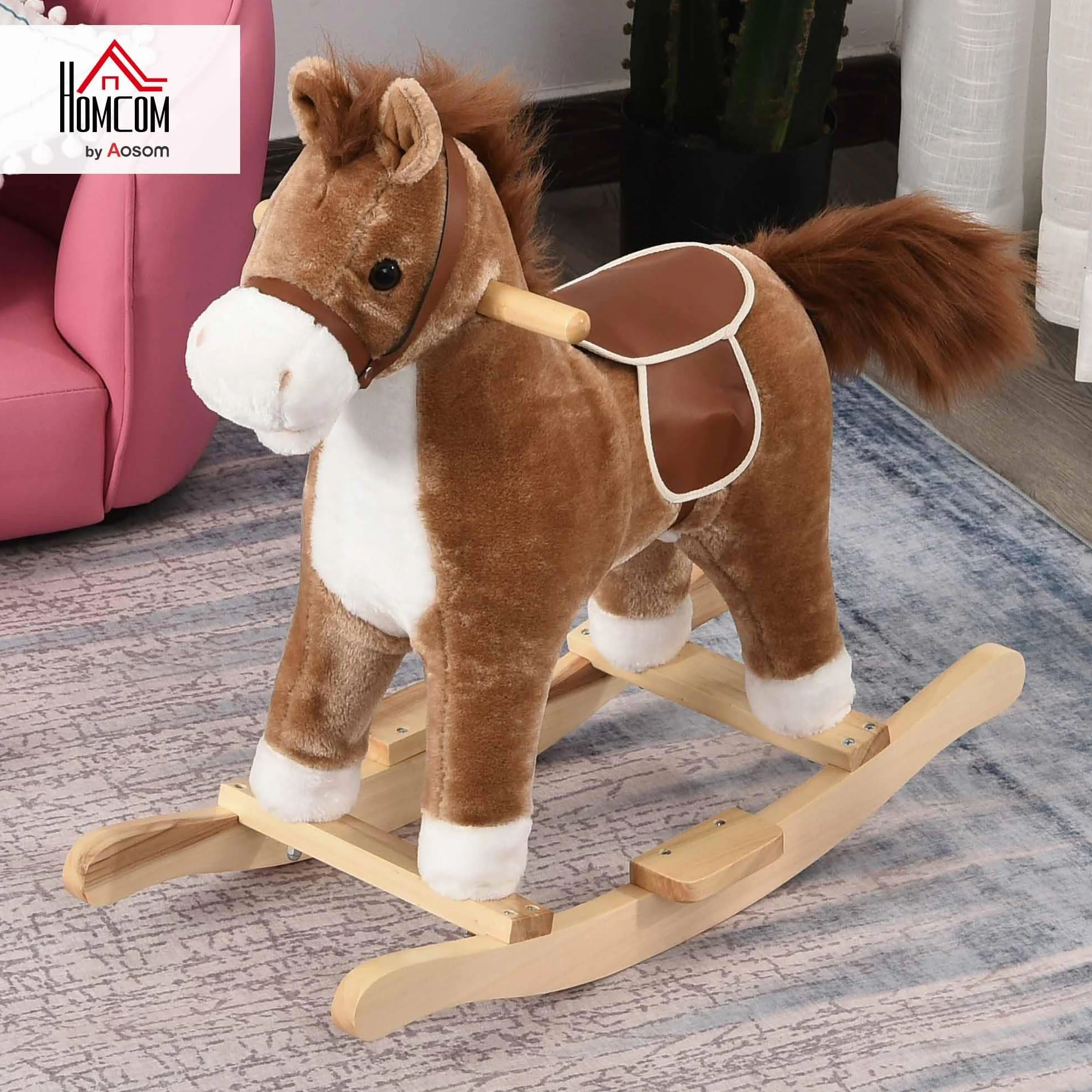 HOMCOM Cheval à Bascule Selle Grand Confort Peluche Bois Peuplier Brun 65x32,5x61 cm